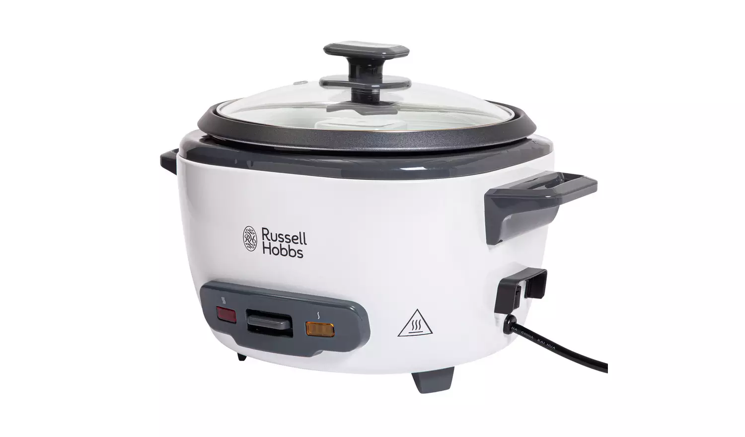 Russell Hobbs large white rice cooker with black lid and handles