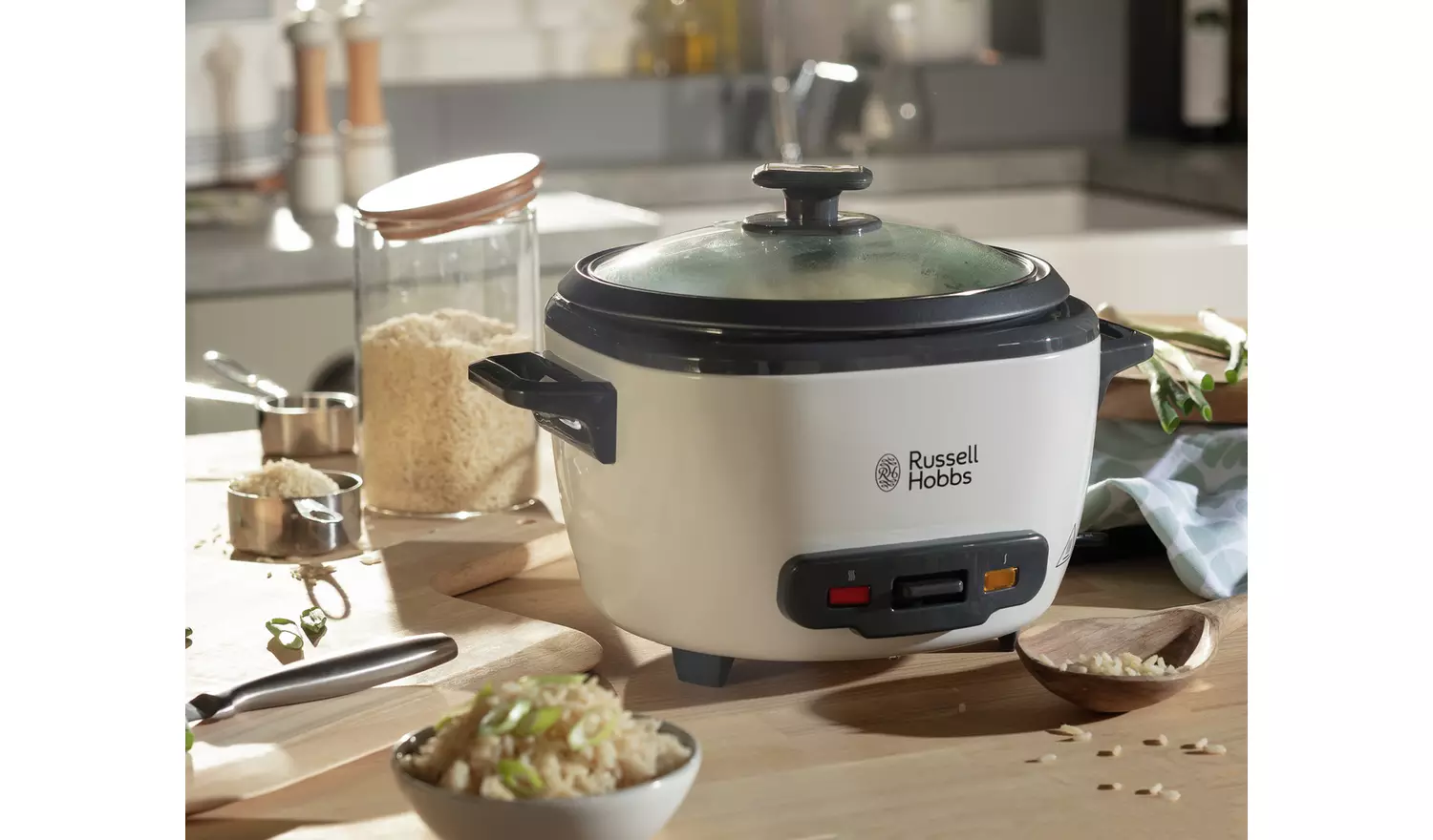 Russell Hobbs large white rice cooker with black handles and glass lid