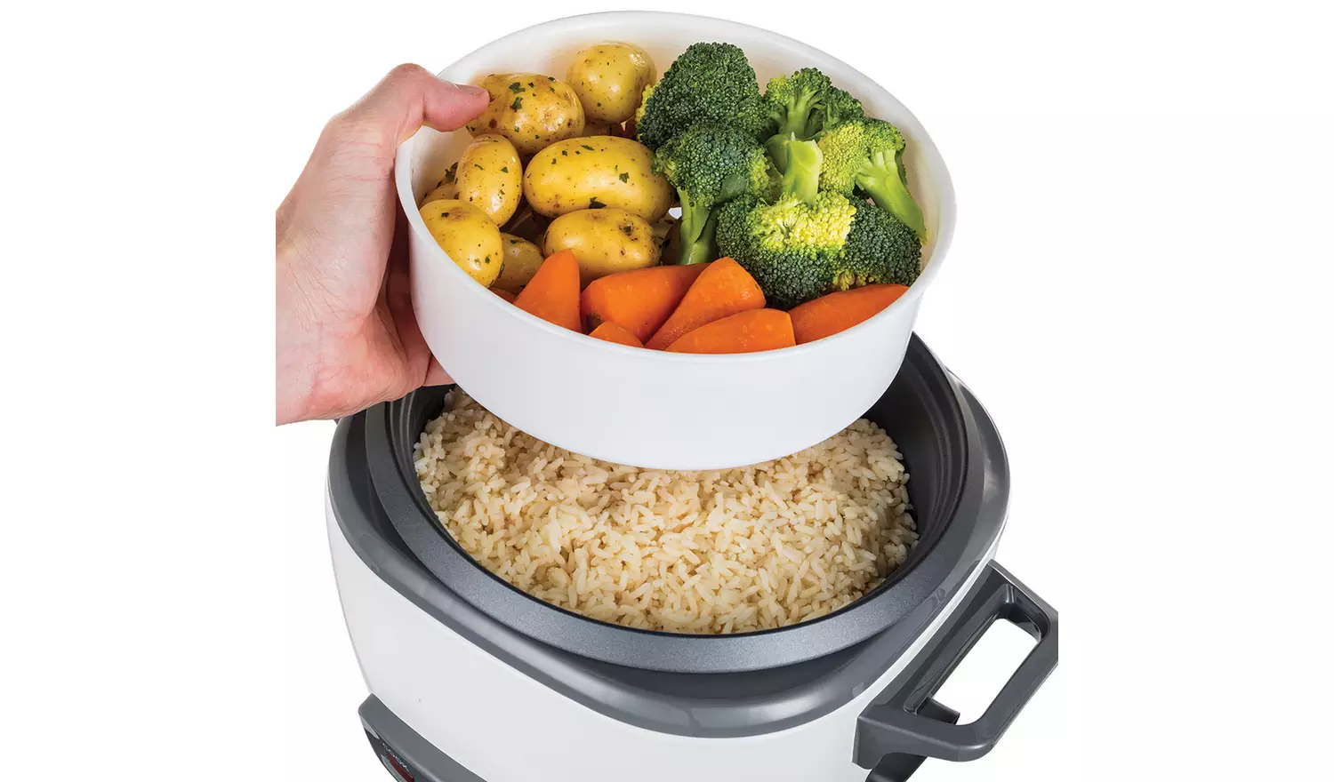 Russell Hobbs large white rice cooker with steaming bowl and vegetables