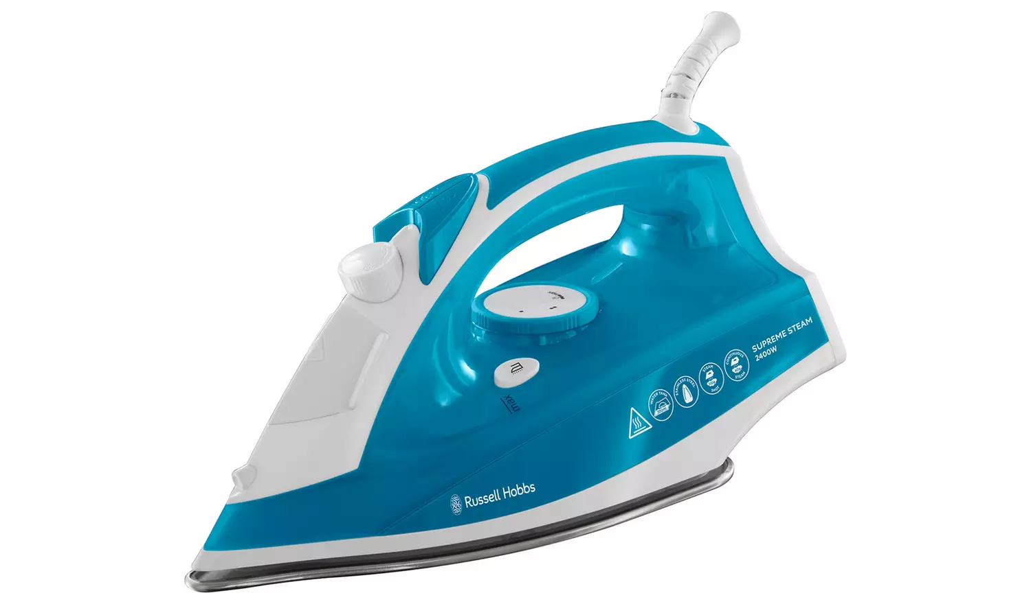 Russell Hobbs Supreme Steam traditional iron with turquoise and white body
