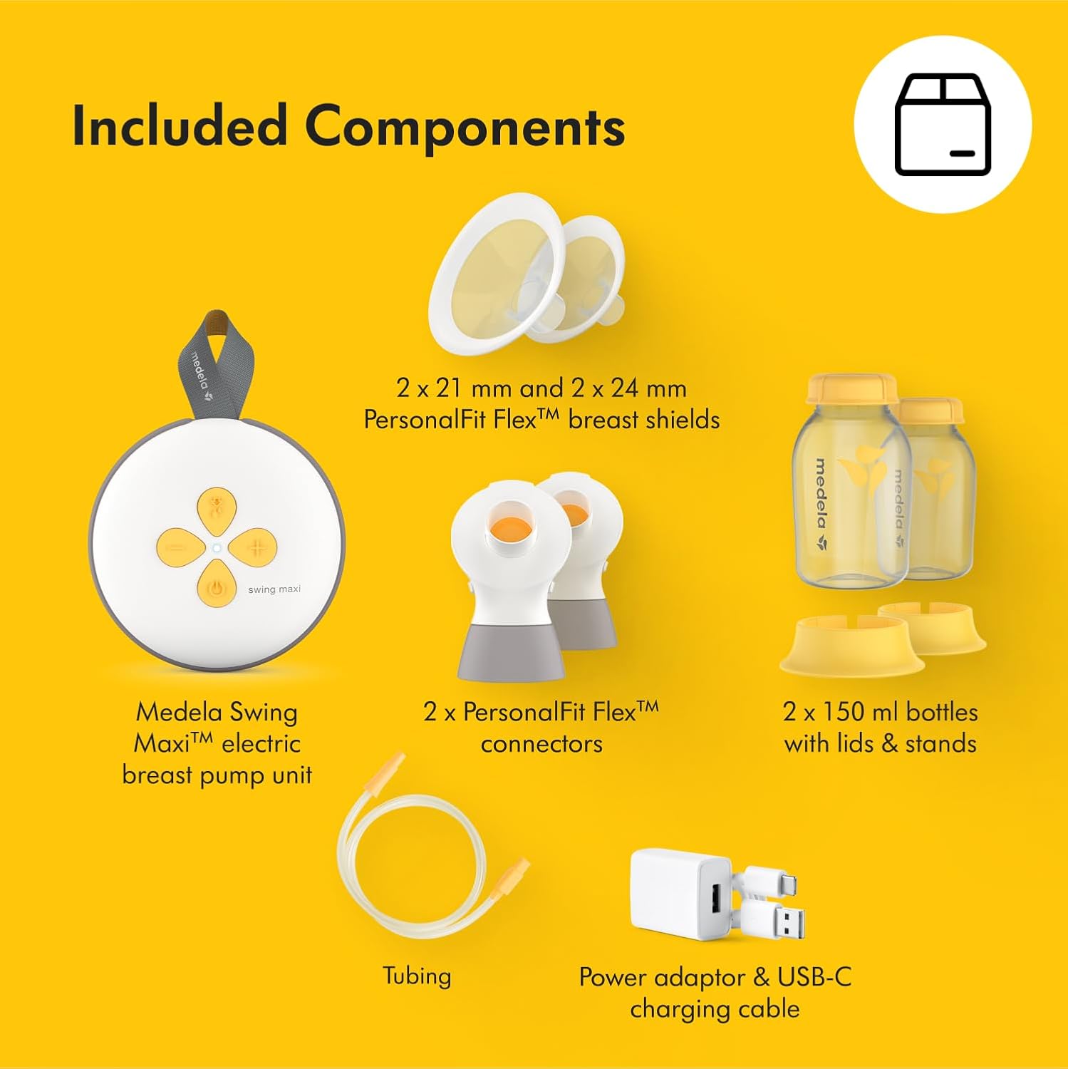 Medela Swing Maxi double electric breast pump with accessories and bottles displayed