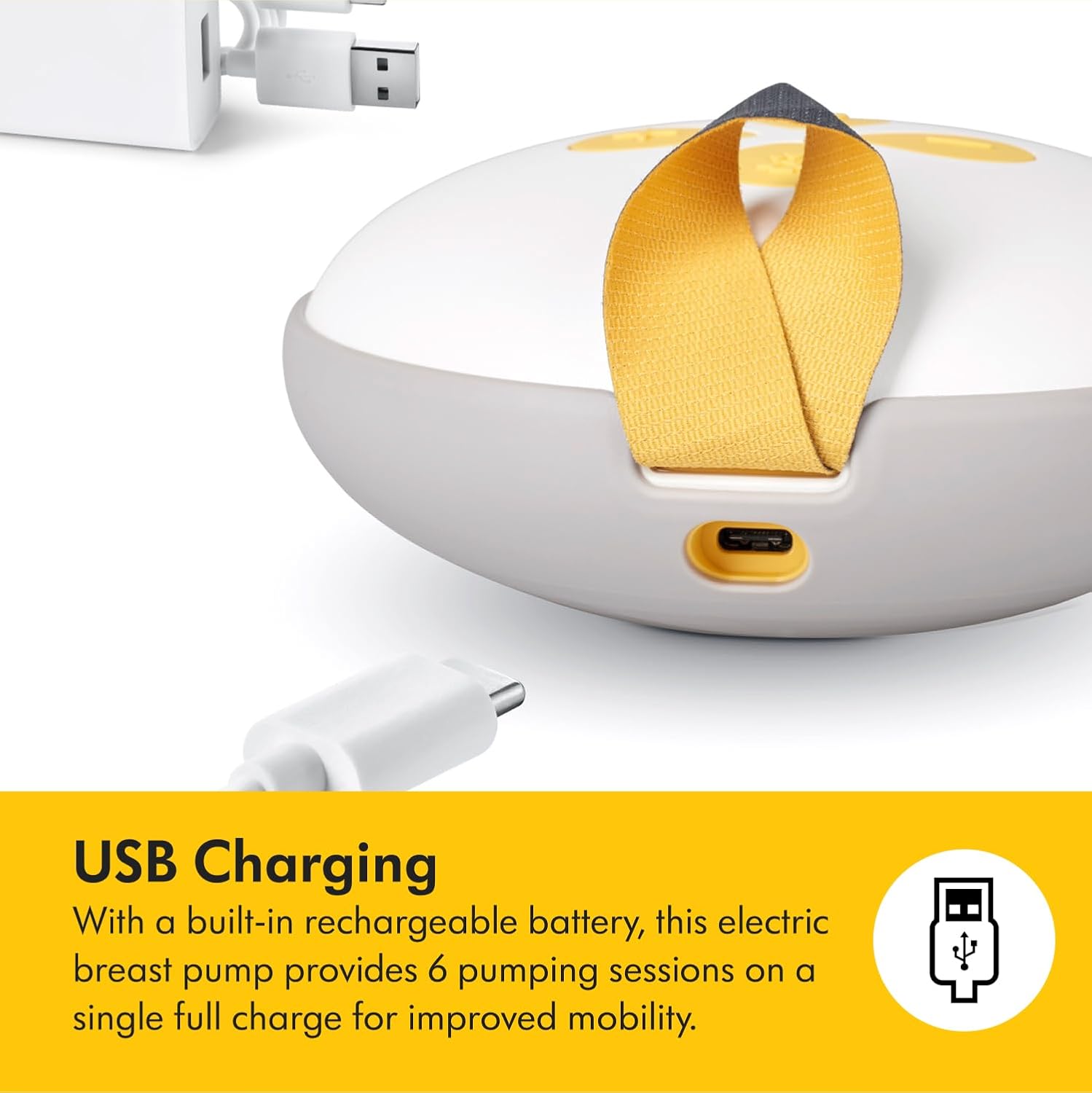 Medela Swing Maxi double electric breast pump white with yellow straps USB charging