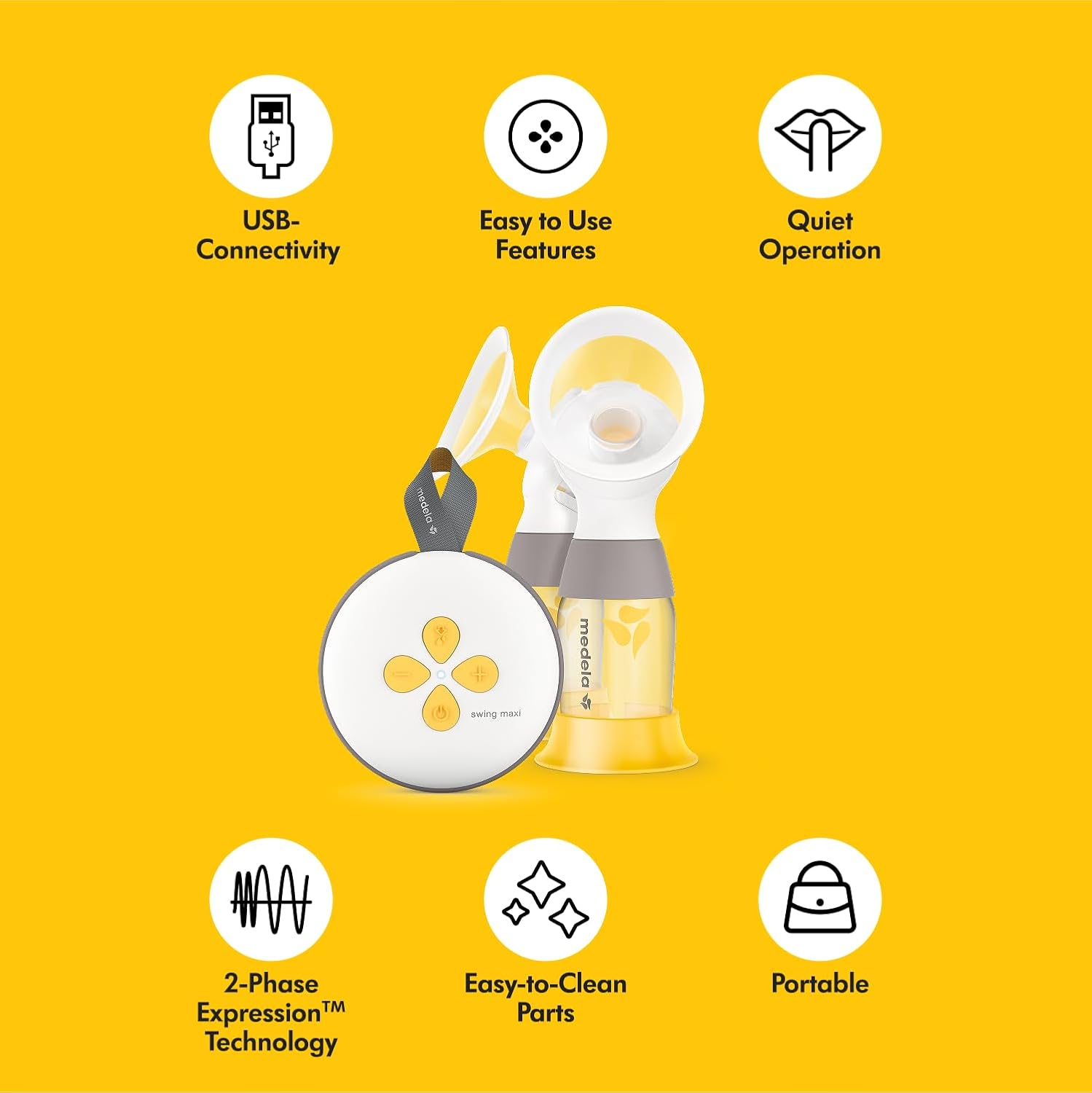 Medela Swing Maxi double electric breast pump with yellow bottle and white cup