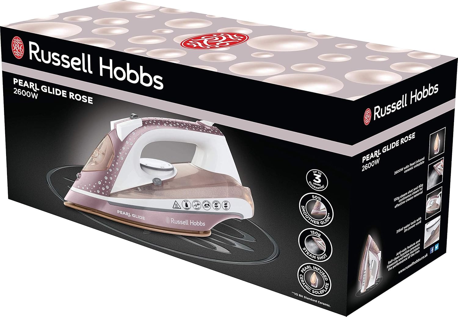Russell Hobbs Pearl Glide rose steam iron 2600W with ceramic soleplate
