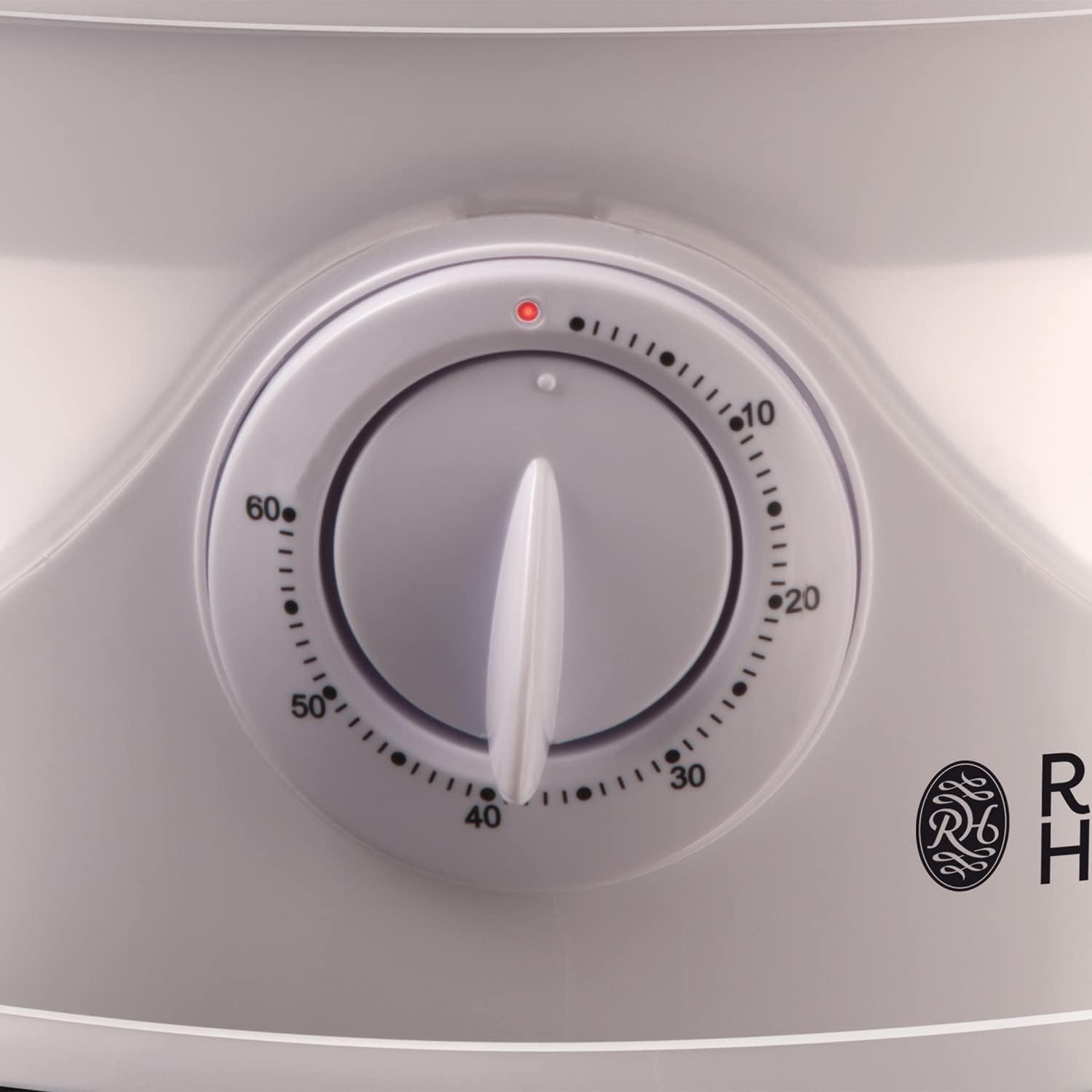 Russell Hobbs 21140 three-tier white food steamer with timer control dial