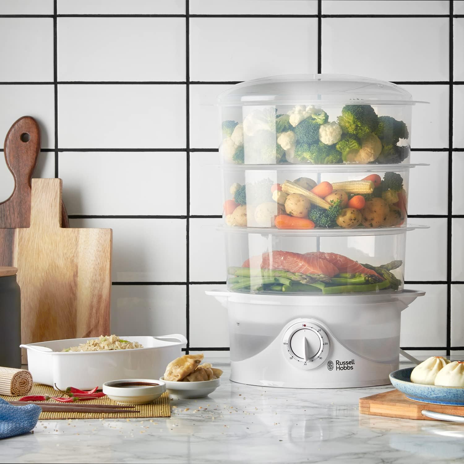 Russell Hobbs white 3-tier electric food steamer with vegetables and fish