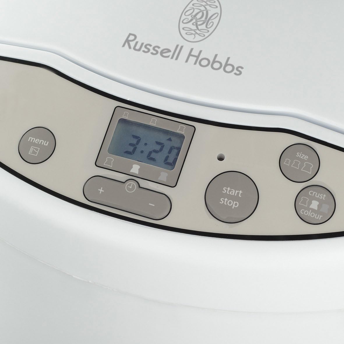 Russell Hobbs Classic Fast Bake white breadmaker with digital display controls