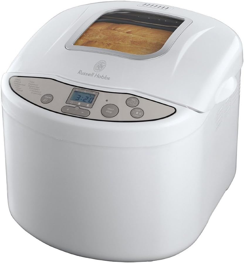 Russell Hobbs Classic Fast Bake white breadmaker with loaf visible inside