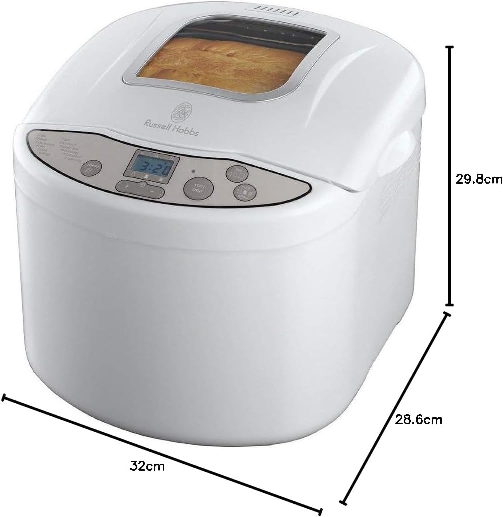Russell Hobbs white fast bake breadmaker 18036 with baked loaf visible