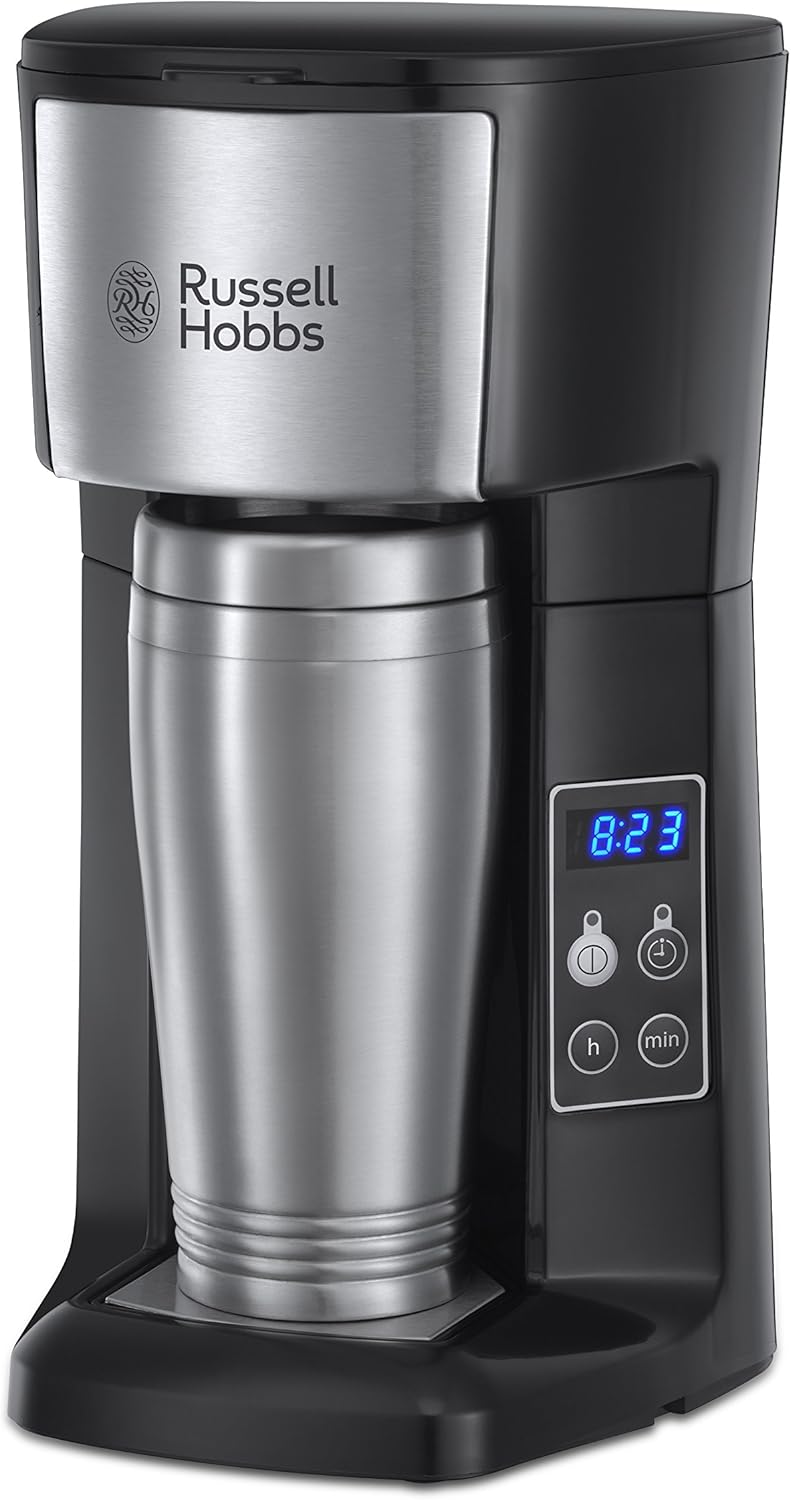 Russell Hobbs Brew and Go black coffee machine with stainless steel travel flask and timer display