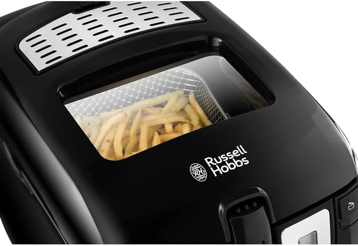Russell Hobbs black digital deep fat fryer with chips frying basket visible