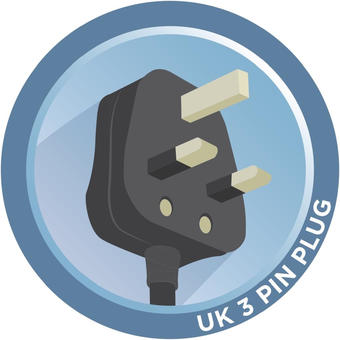 UK 3 pin plug icon with black connector and gold prongs