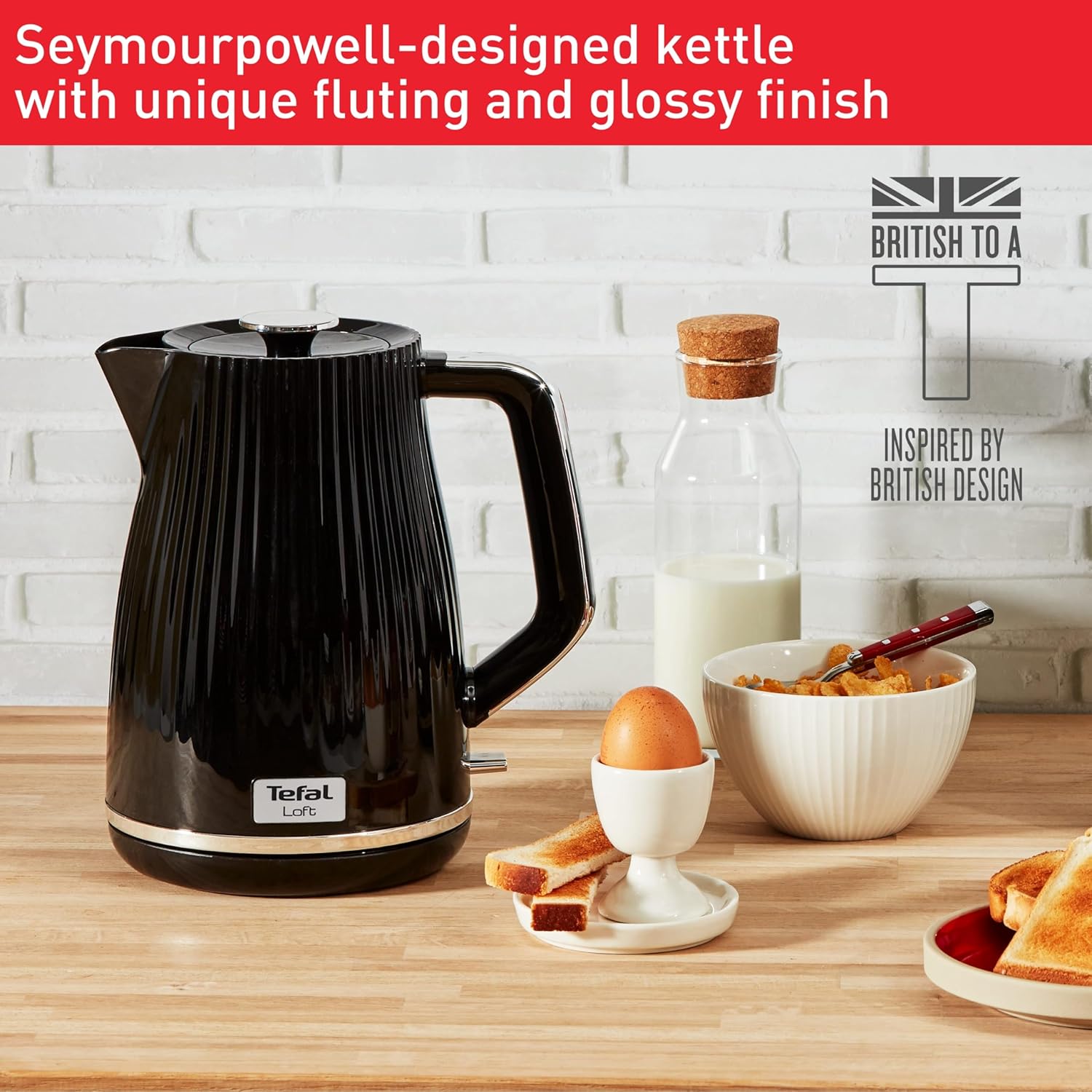 Tefal Loft black electric kettle 1.7L with fluted design and gold trim