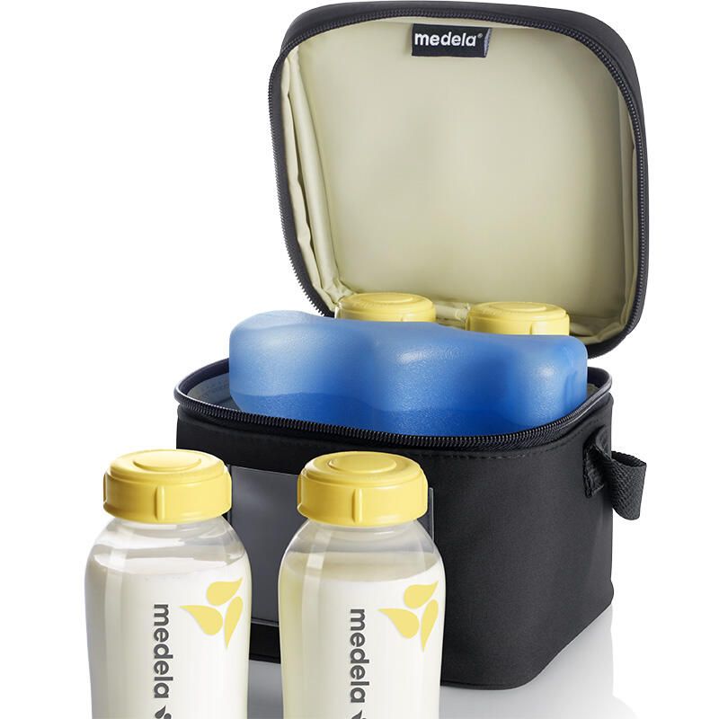 Medela black cooler bag with four bottles and blue ice pack included