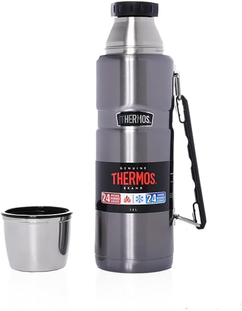 Thermos Stainless King 1.2L flask with black lid and carry handle