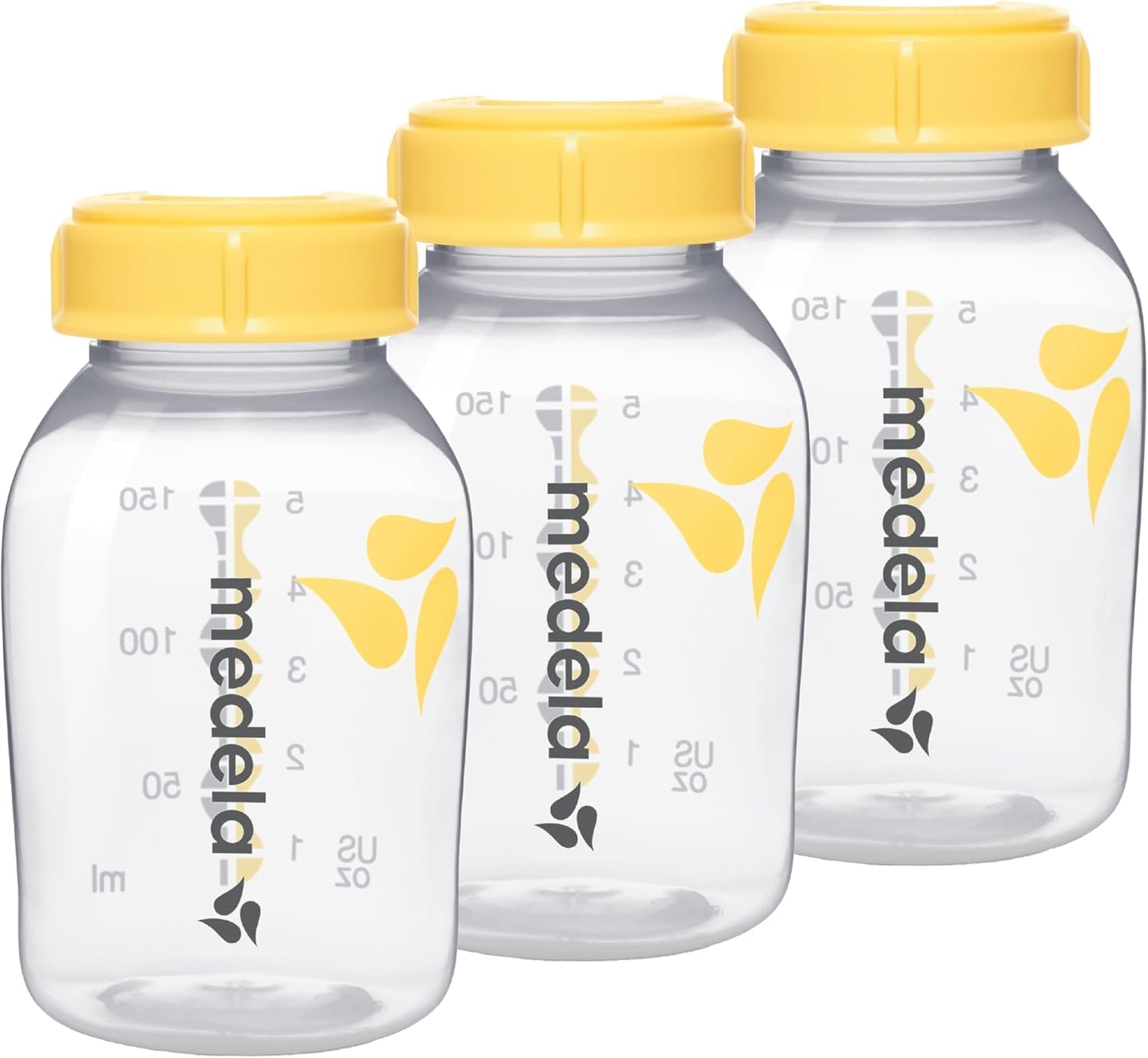 Medela breastmilk storage bottles, clear glass, yellow caps, pack of three 150ml