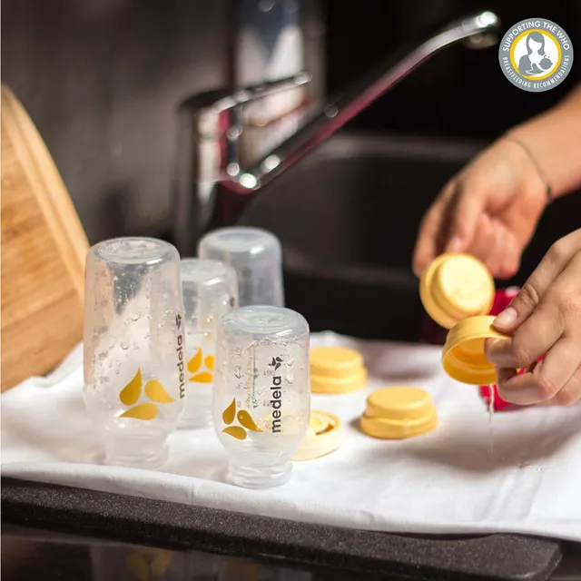 Medela Breastmilk Storage Bottle 150ml with yellow cap, pack of 3