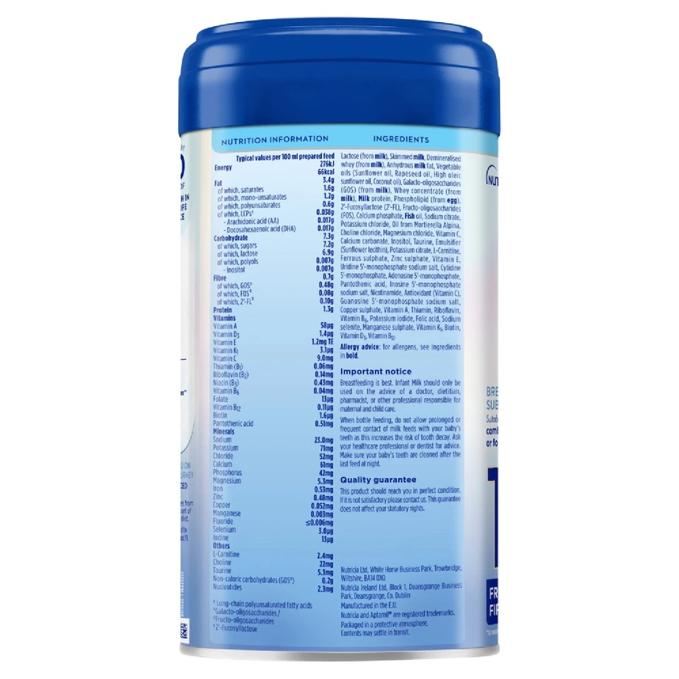 Aptamil Advance No 1 infant formula blue tin with nutrition information label