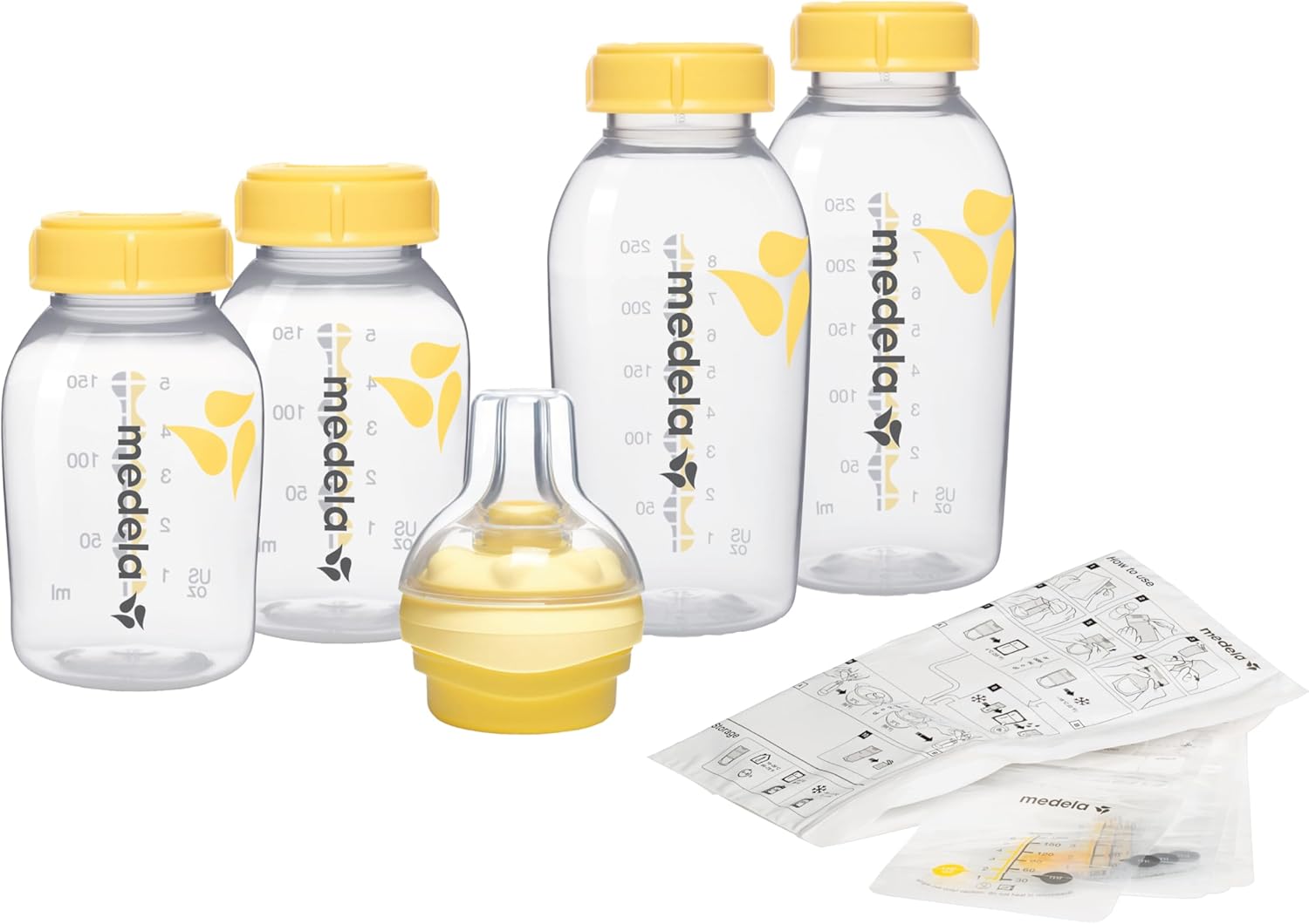 Medela Breast Milk Store and Feed Set with yellow caps and bottles