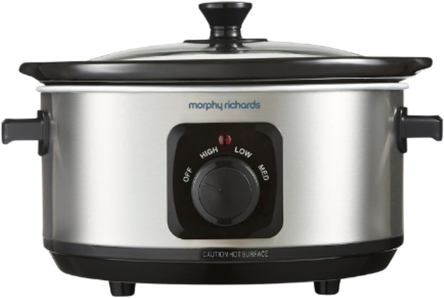 Morphy Richards 3.5L stainless steel slow cooker with black lid and control dial