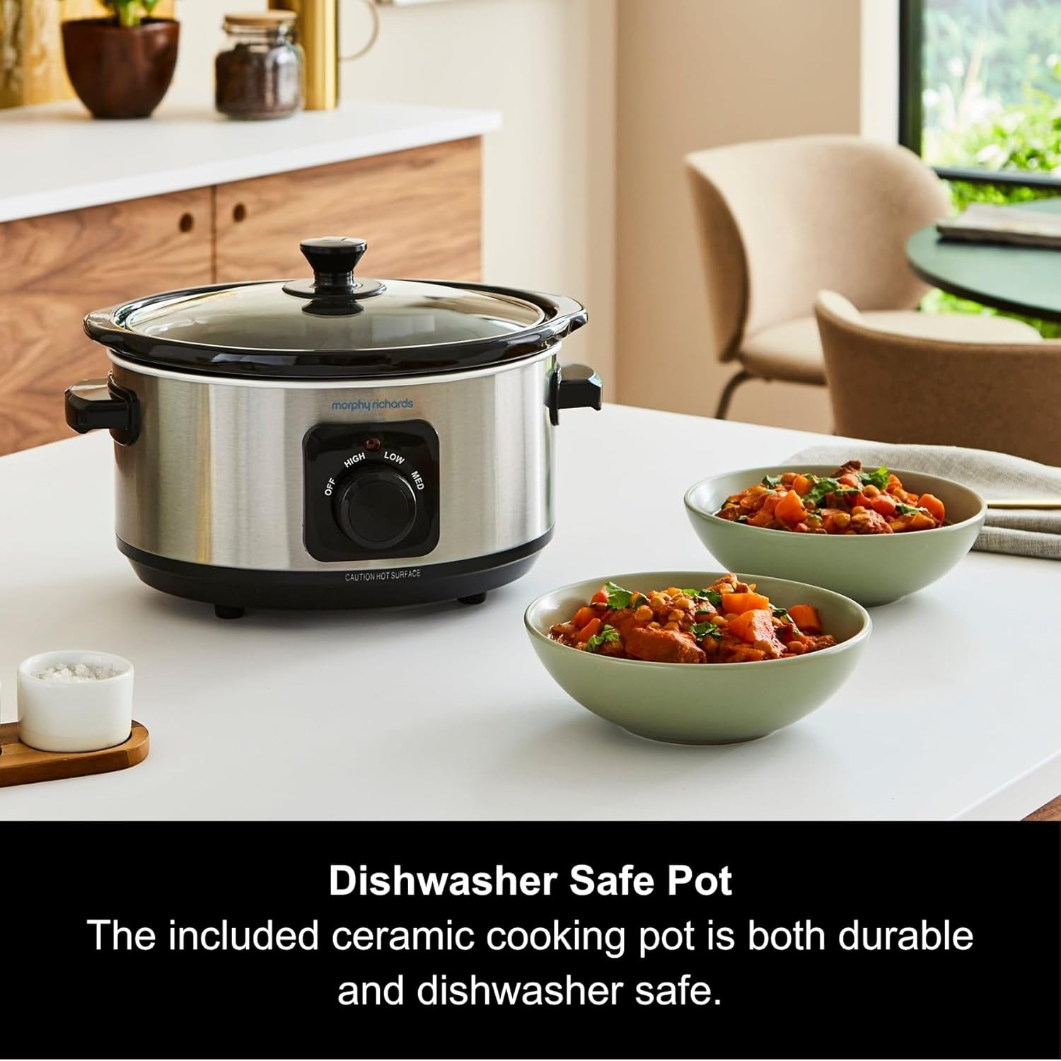 Morphy Richards 3.5L stainless steel slow cooker with black control dial and glass lid