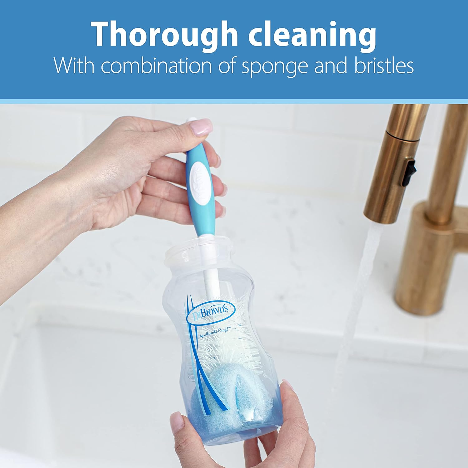 Dr. Brown's bottle cleaning brush with turquoise handle and sponge bristles