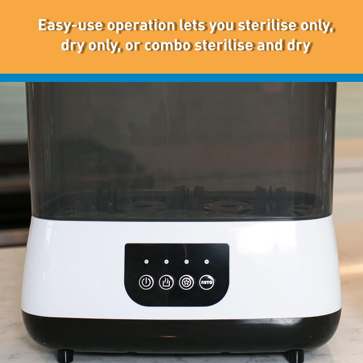 Dr. Brown's Deluxe Electric Bottle Sterilizer with white and black base, touch controls