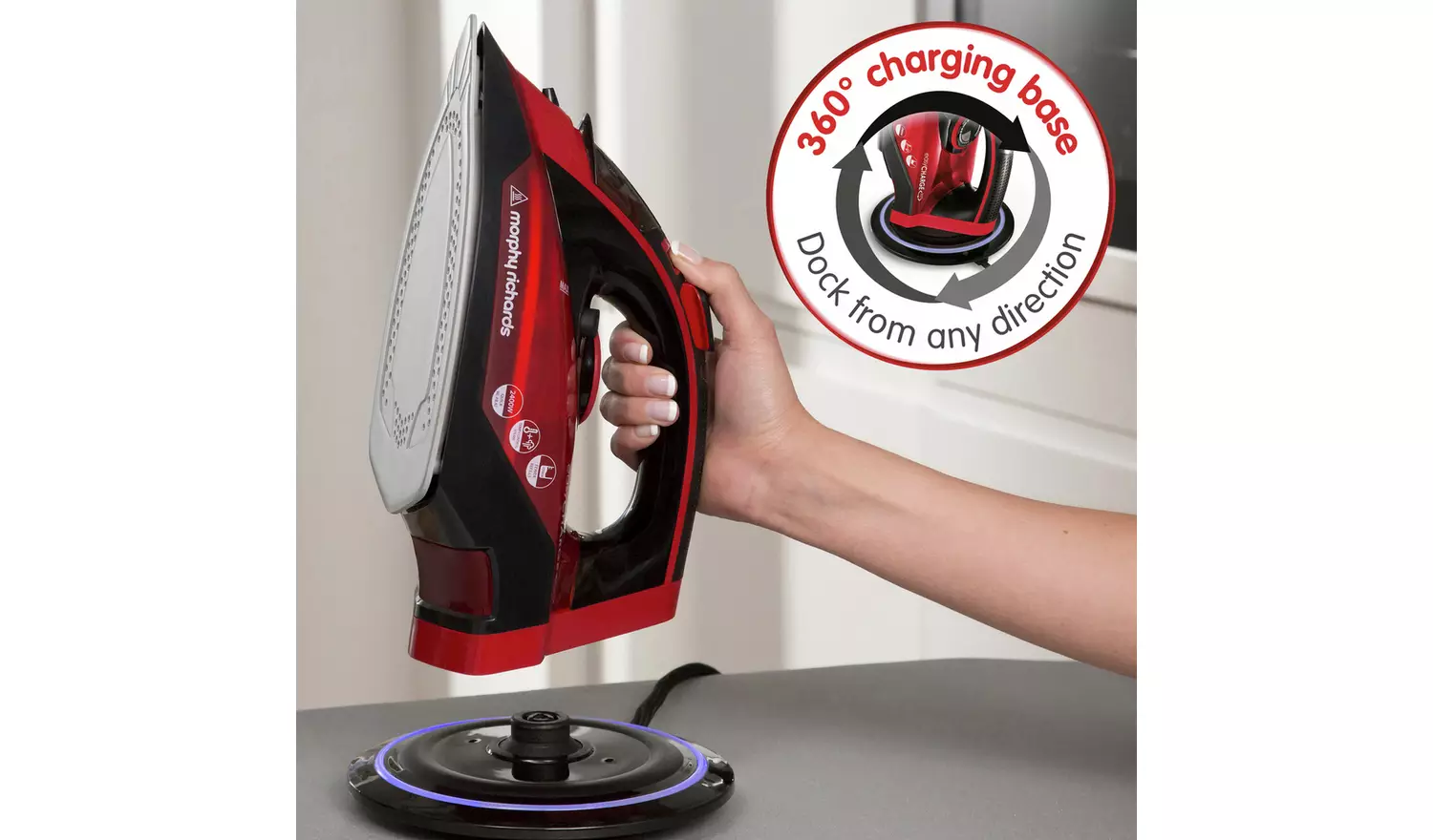 Morphy Richards red and black cordless steam iron with 360-degree charging base