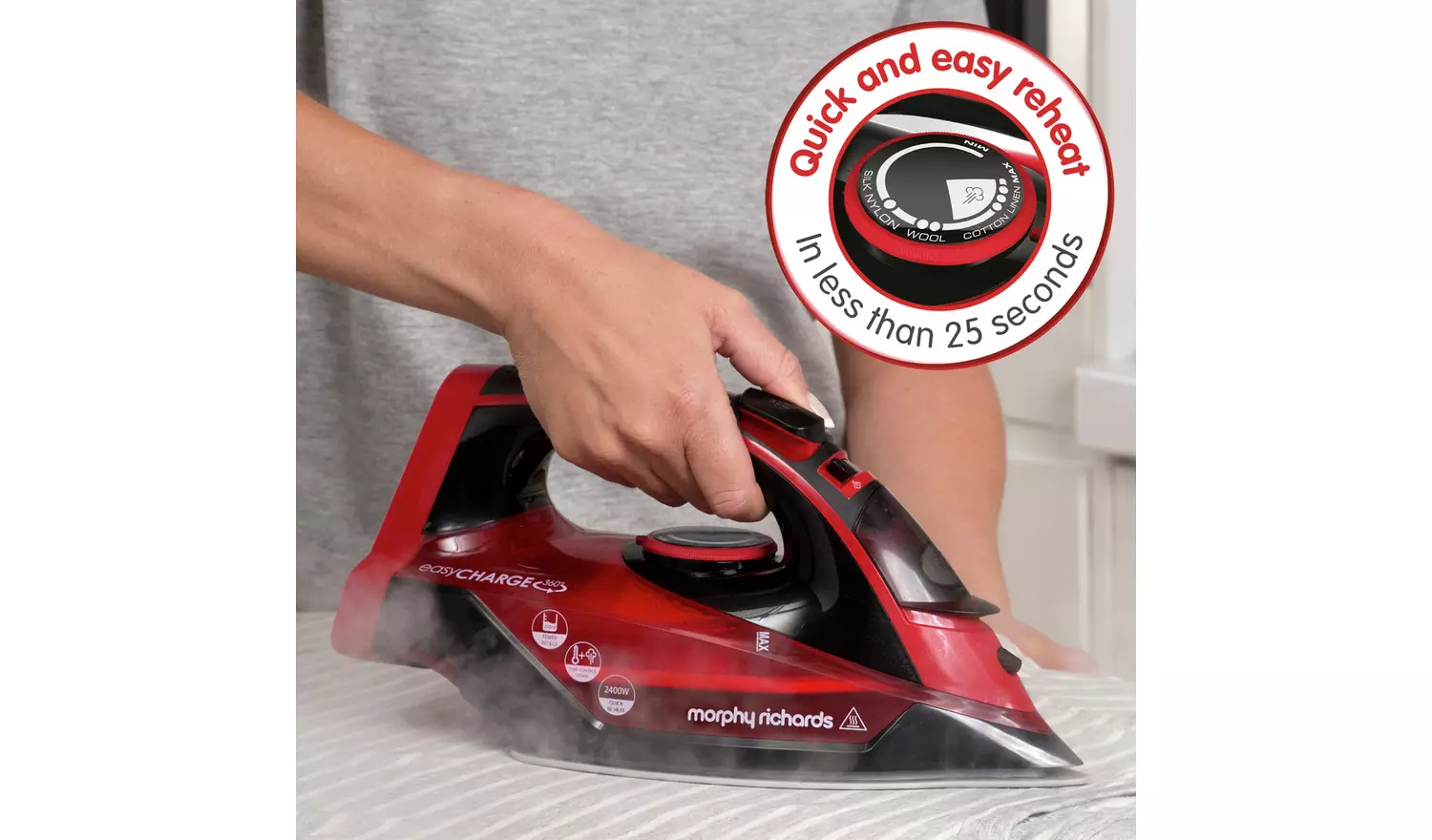 Morphy Richards 303250 cordless steam iron in red and black with quick reheat feature