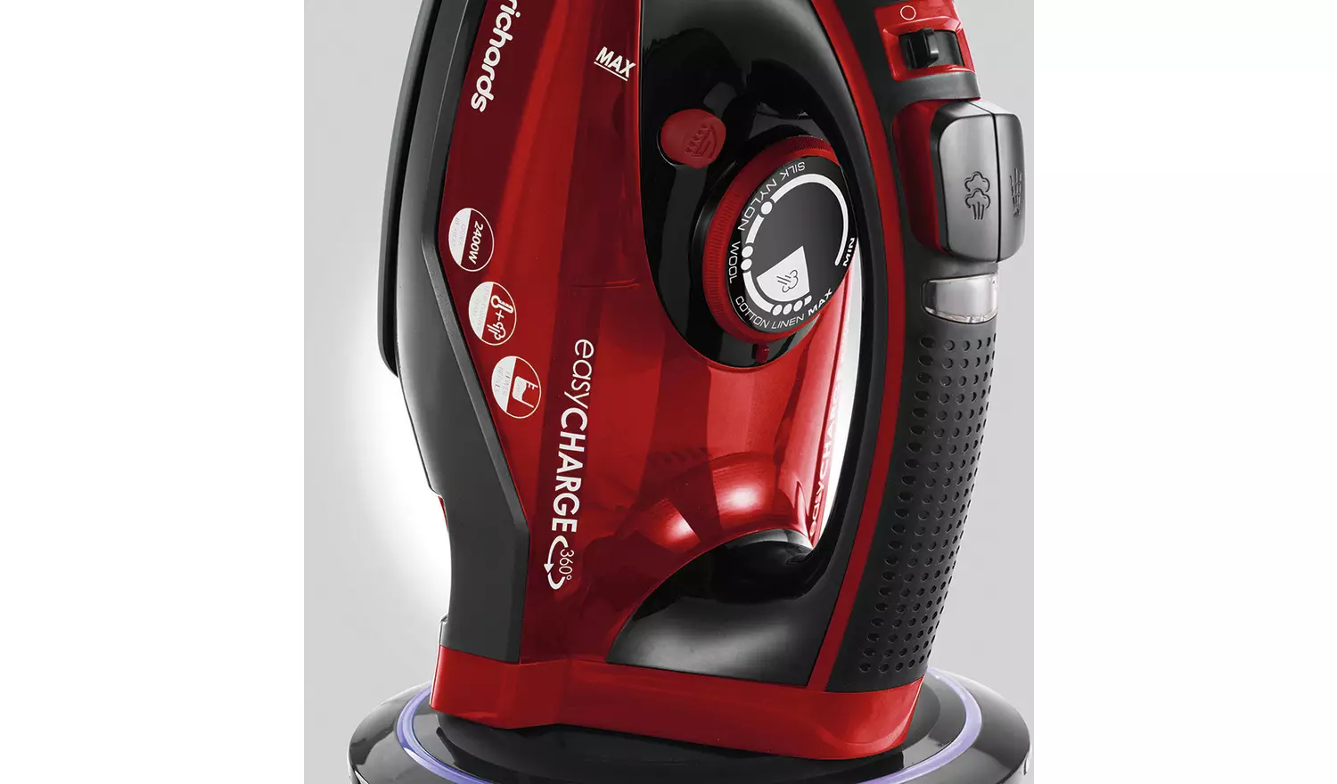 Morphy Richards red and black cordless steam iron with charging base