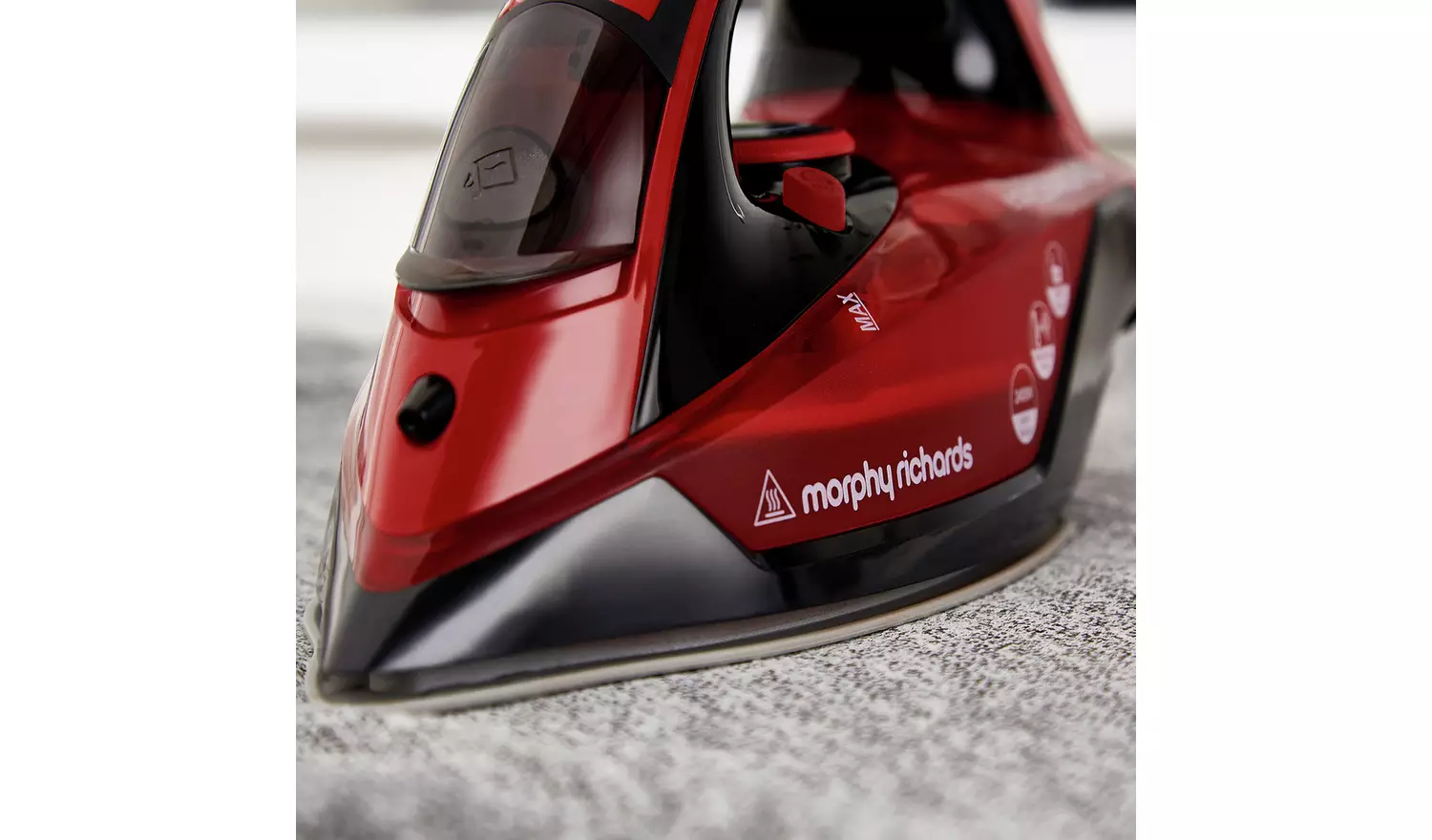 Morphy Richards red and black cordless steam iron with water tank detail