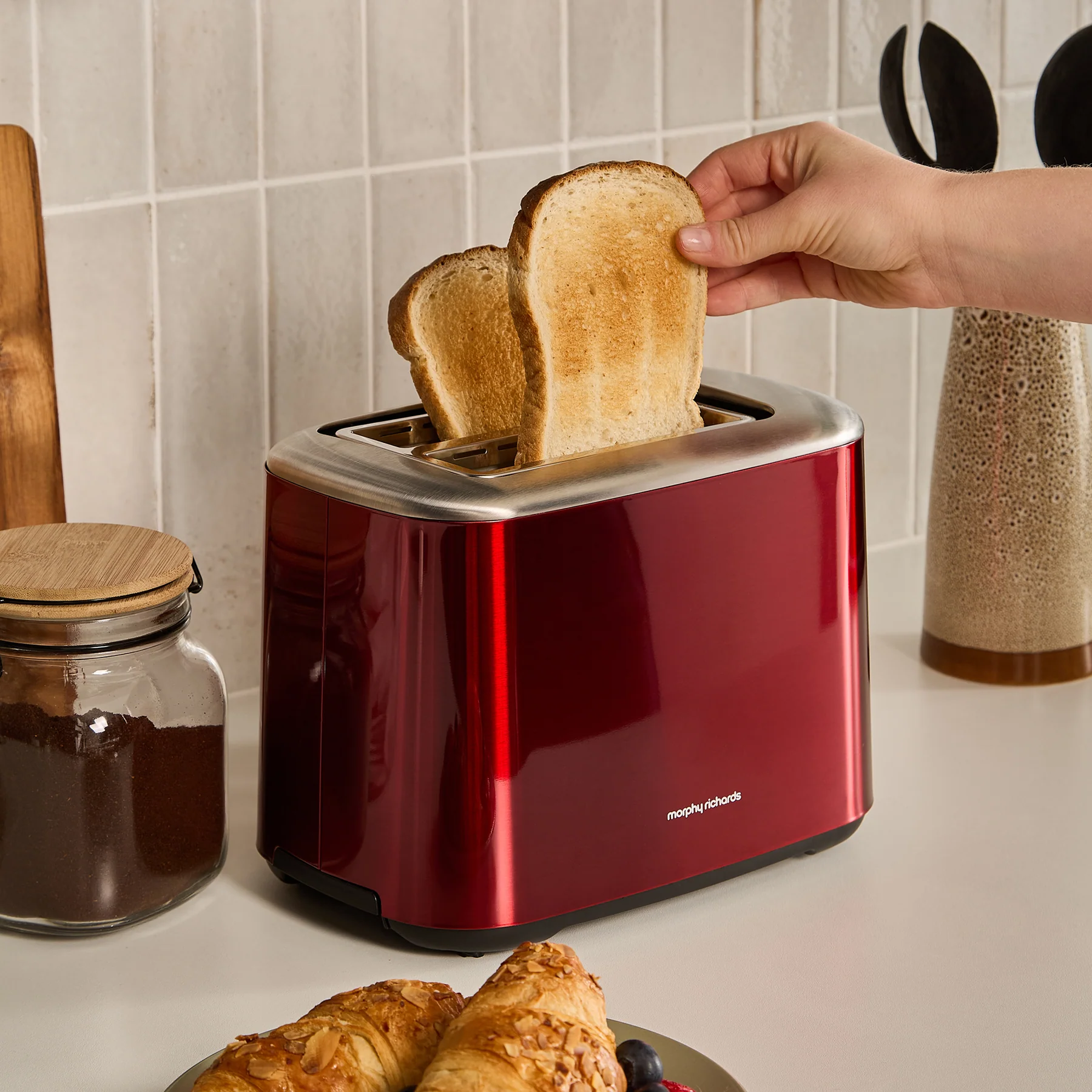 Morphy Richards Equip red brushed 2 slice toaster with toasted bread