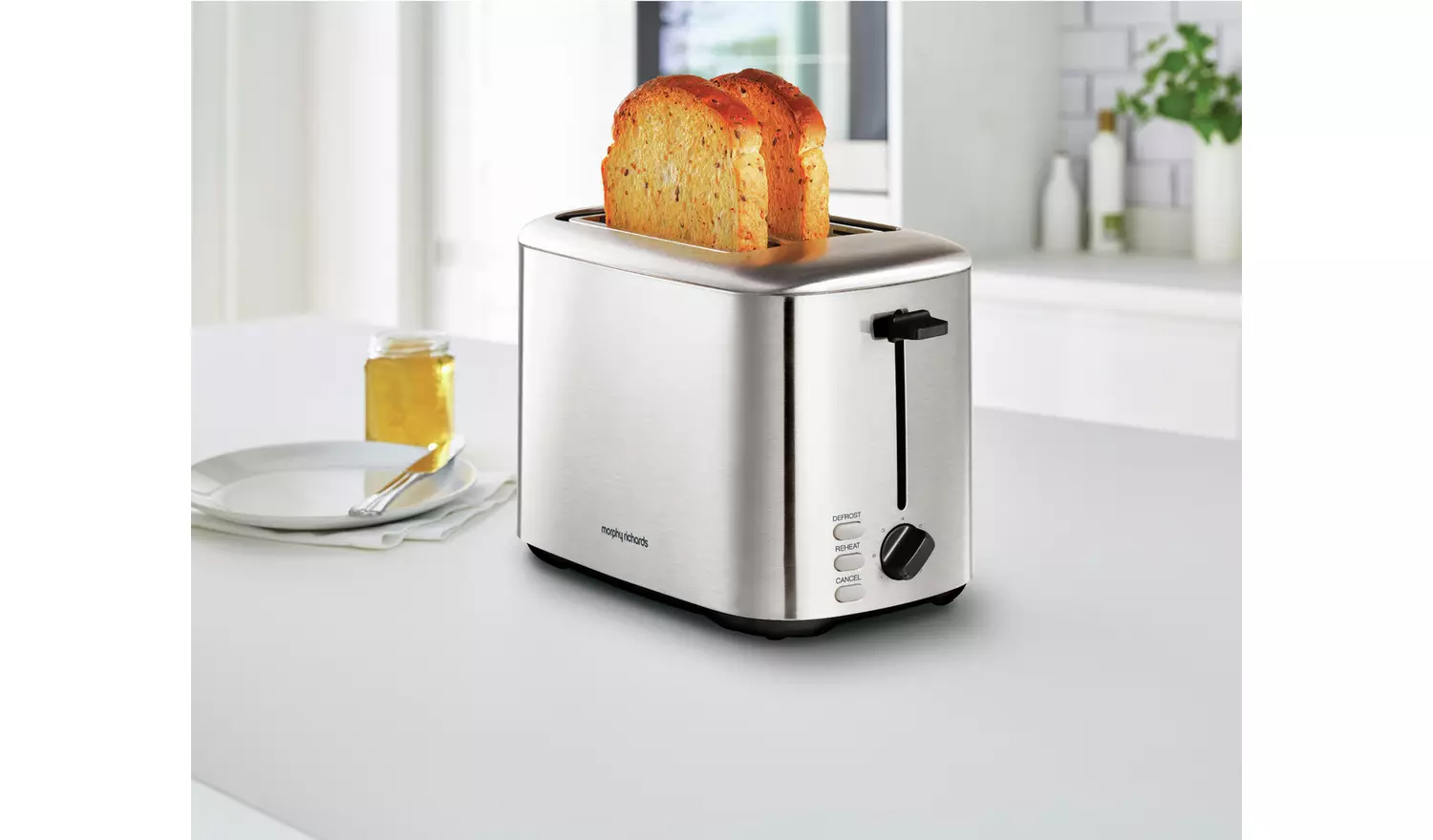 Morphy Richards Equip brushed stainless steel 2 slice toaster with toasted bread