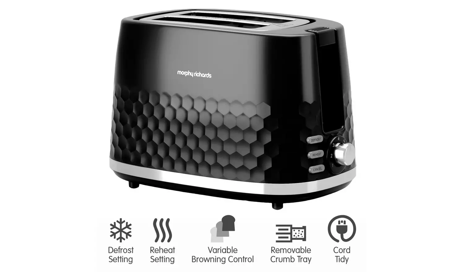 Morphy Richards Hive black two-slice toaster with honeycomb textured design