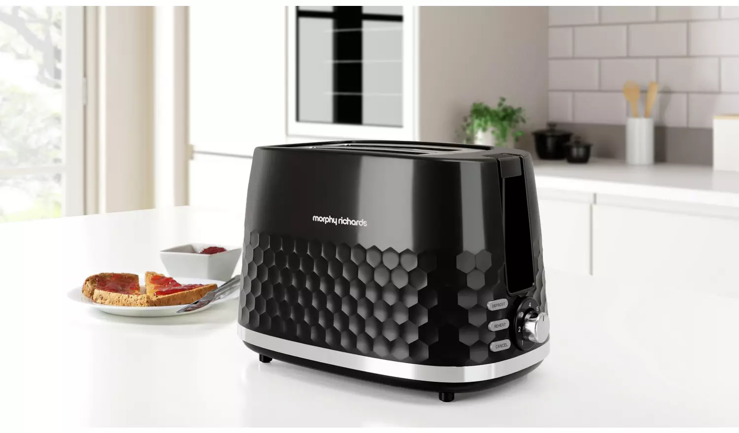 Morphy Richards Hive black two-slice toaster with honeycomb pattern design