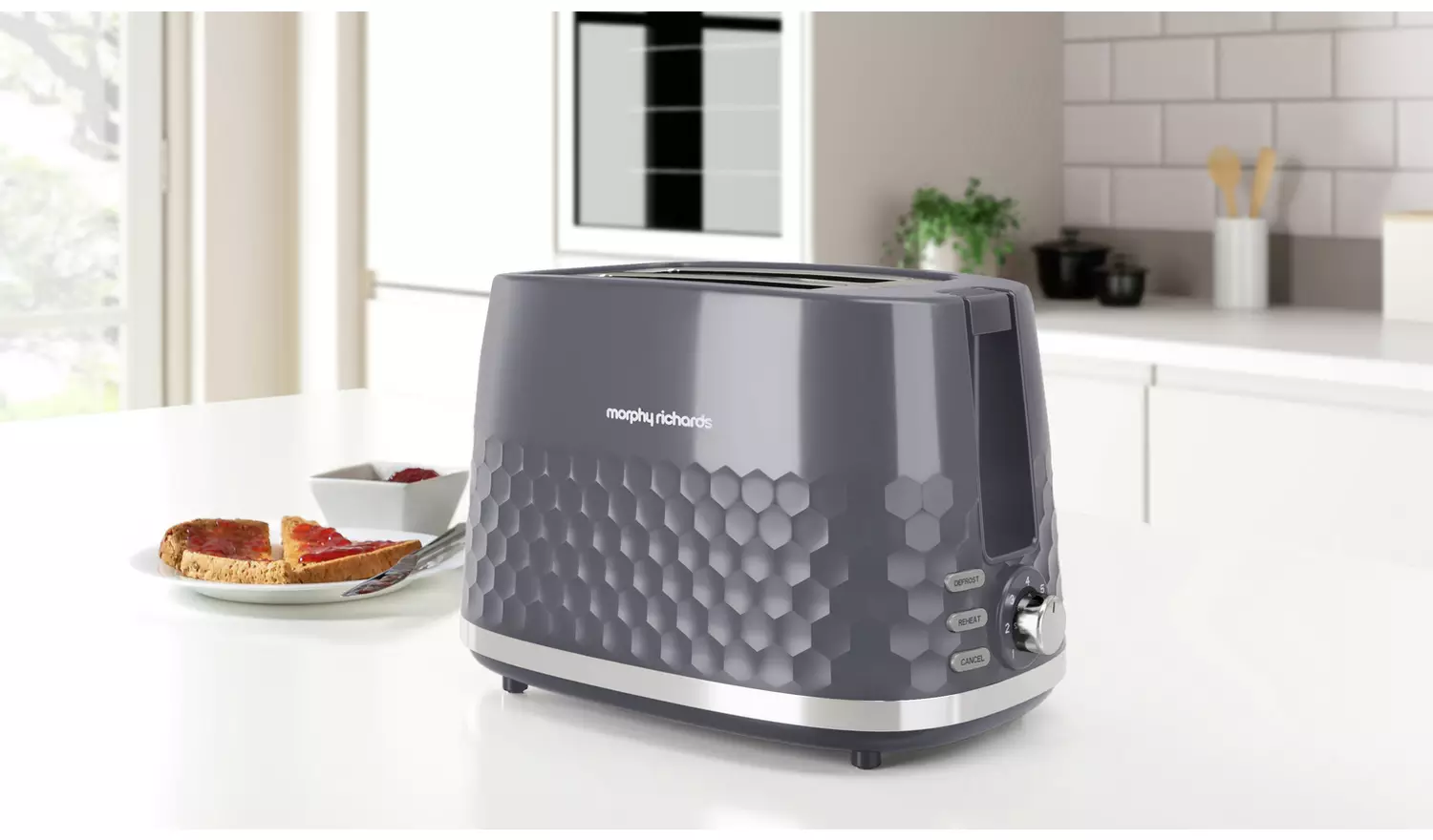 Morphy Richards Hive grey 2-slice toaster with hexagonal pattern design