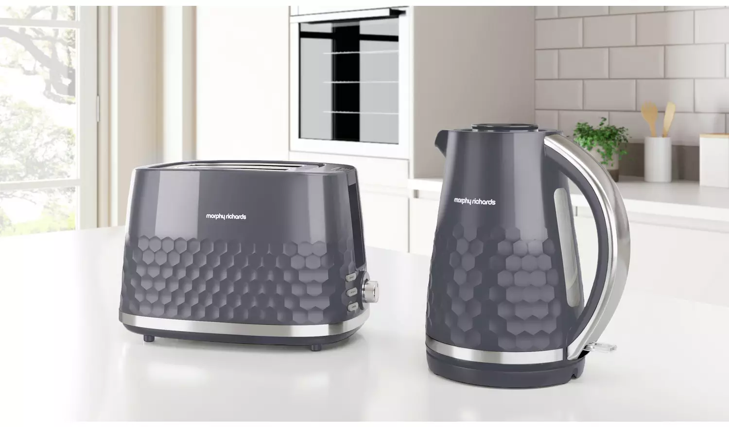 Morphy Richards Hive 2-slice toaster in grey with honeycomb texture design