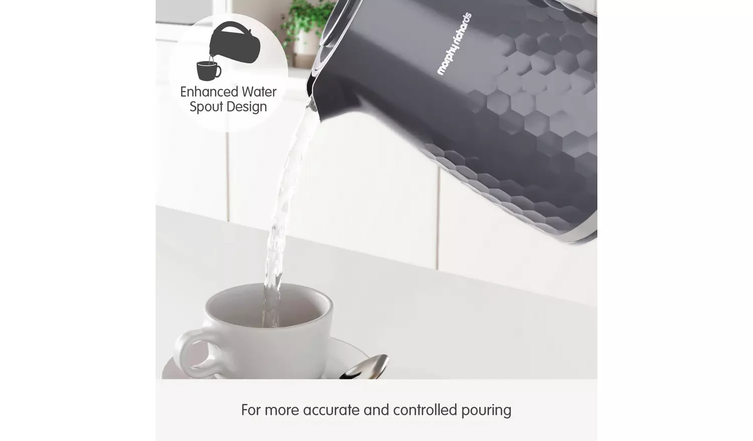Morphy Richards Hive grey jug kettle pouring water into cup