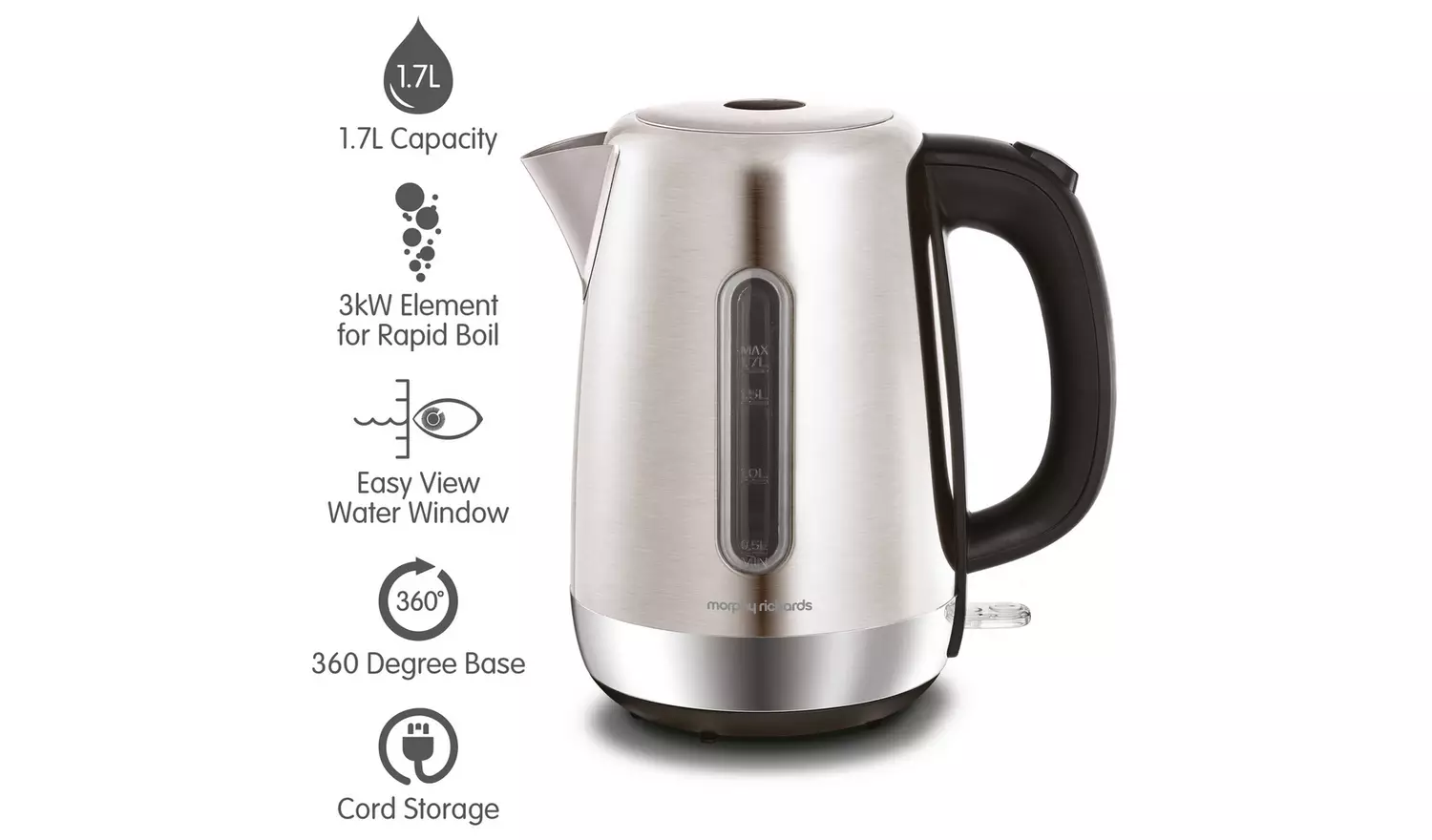 Morphy Richards Equip silver jug kettle, 1.7L capacity, 3kW element