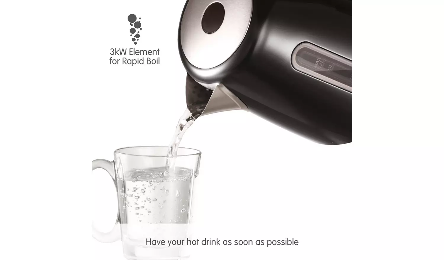 Morphy Richards Equip black jug kettle pouring hot water into glass