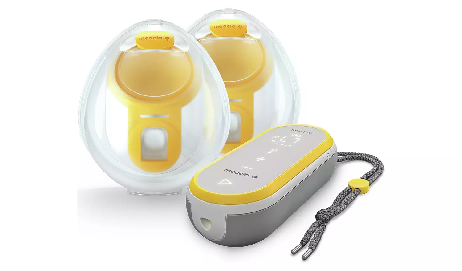 Medela Freestyle hands-free wearable double breast pump with yellow and white cups