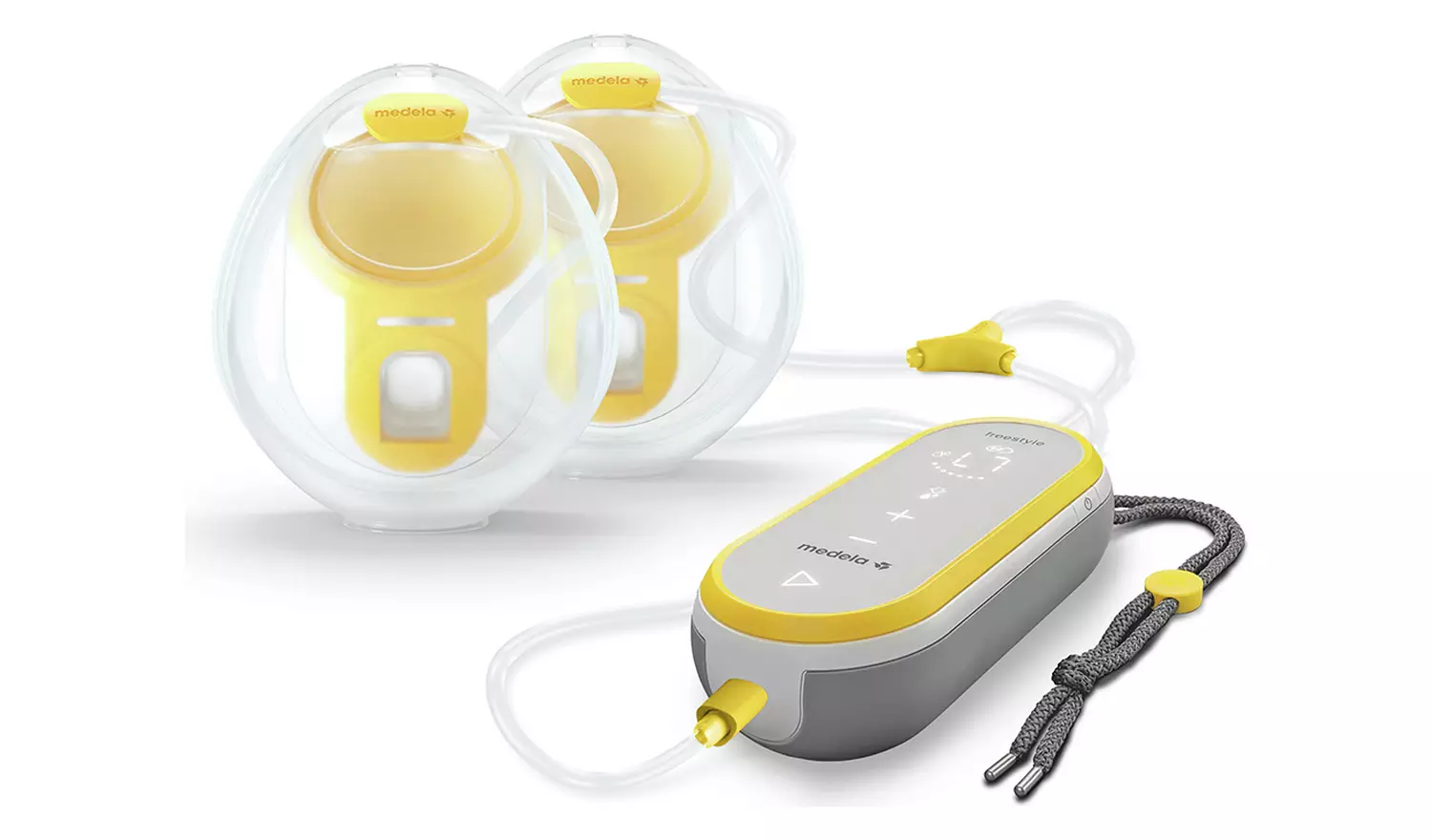 Medela Freestyle yellow and grey hands-free wearable double breast pump with portable battery unit