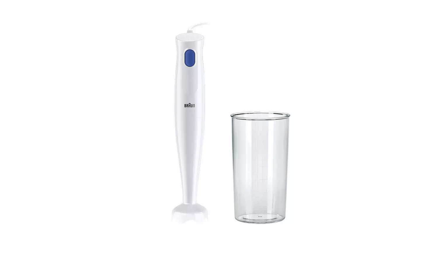 Braun MultiQuick 1 white hand blender 450w with blue button and beaker
