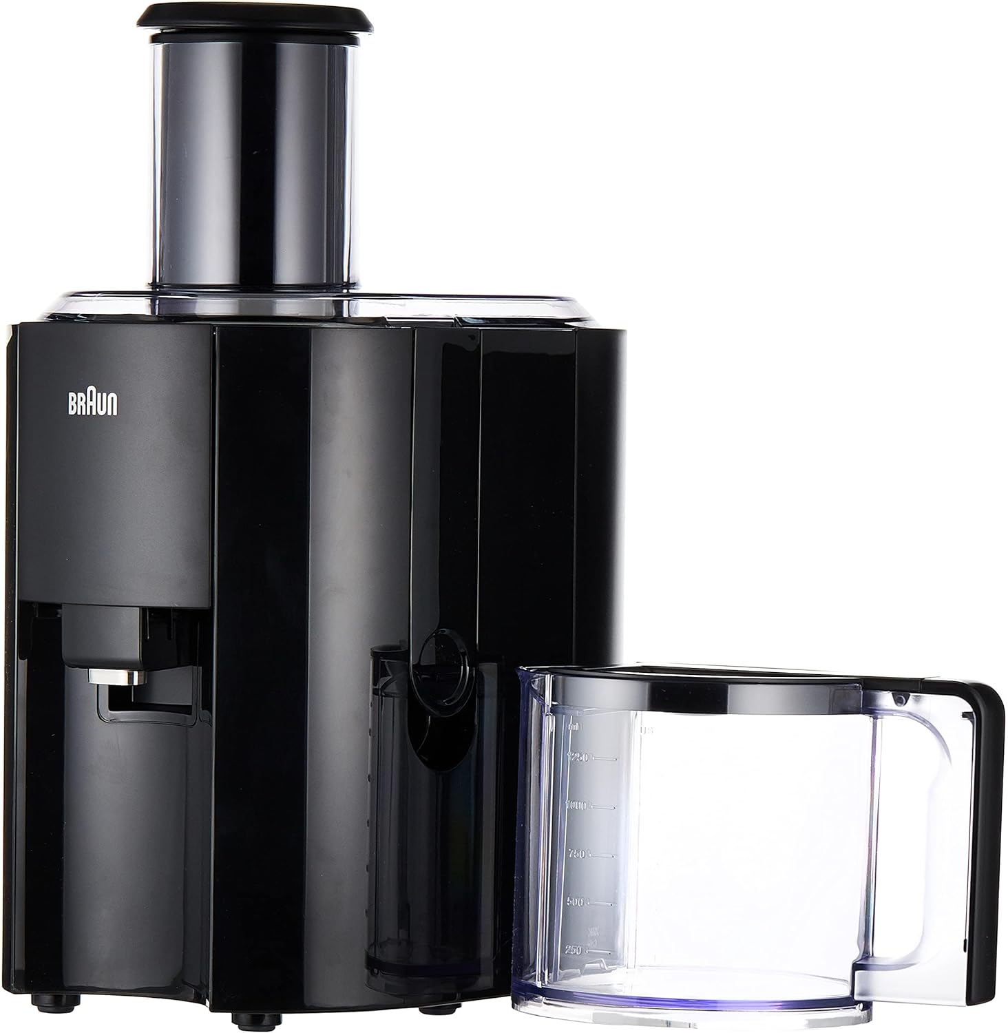 Braun black juicer with 75mm feed, 2 speed settings, 1.25L jug and 2L capacity