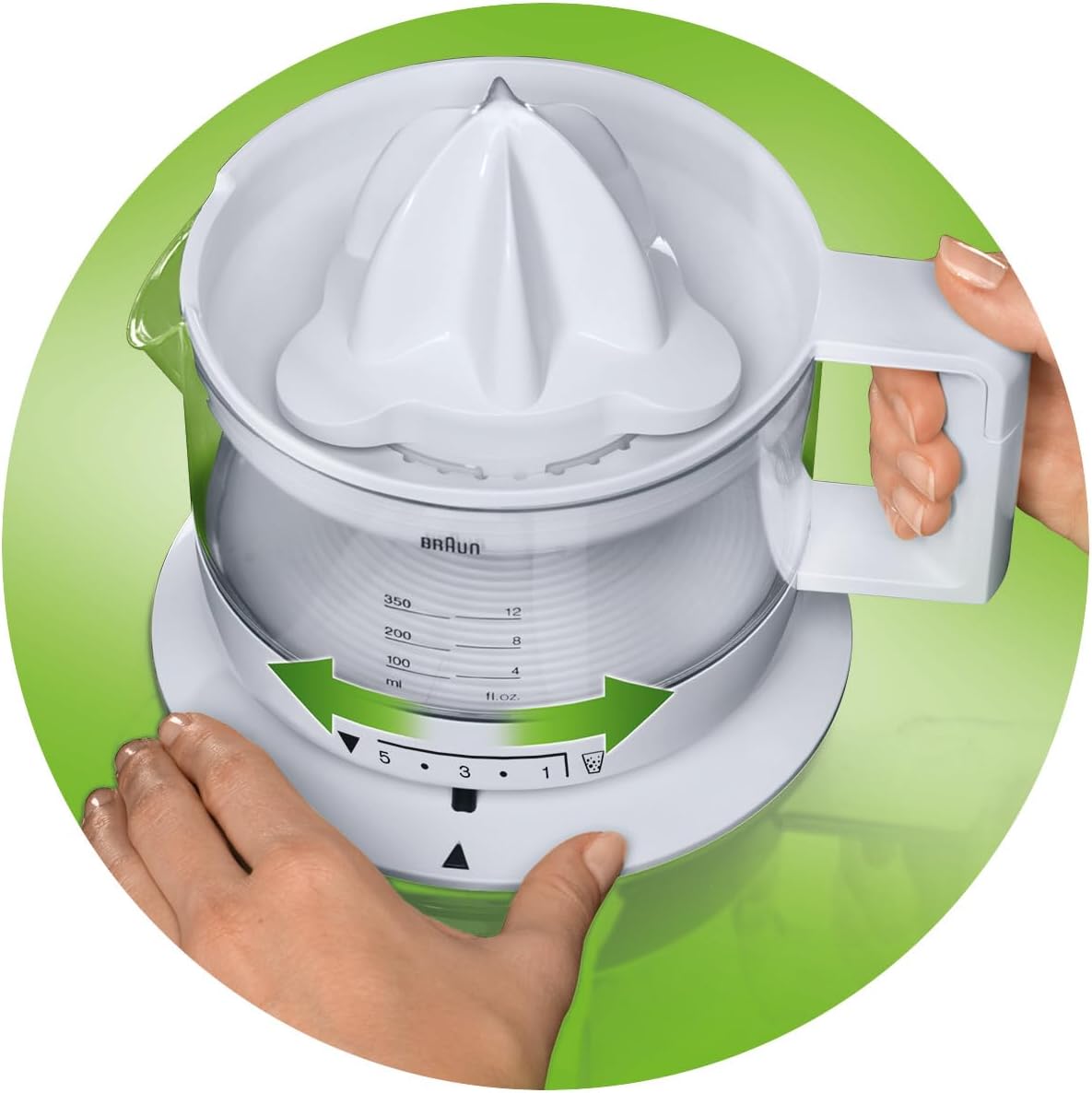 Braun white citrus press with auto start stop, 350ml capacity, 20W power