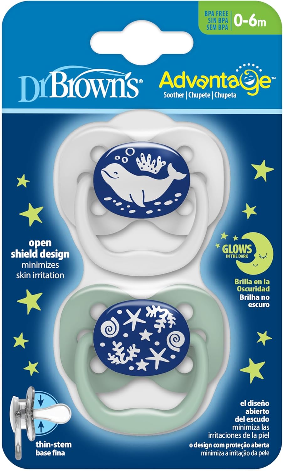 Dr Brown's Advantage glow-in-the-dark soothers blue 0-6 months 2 pack