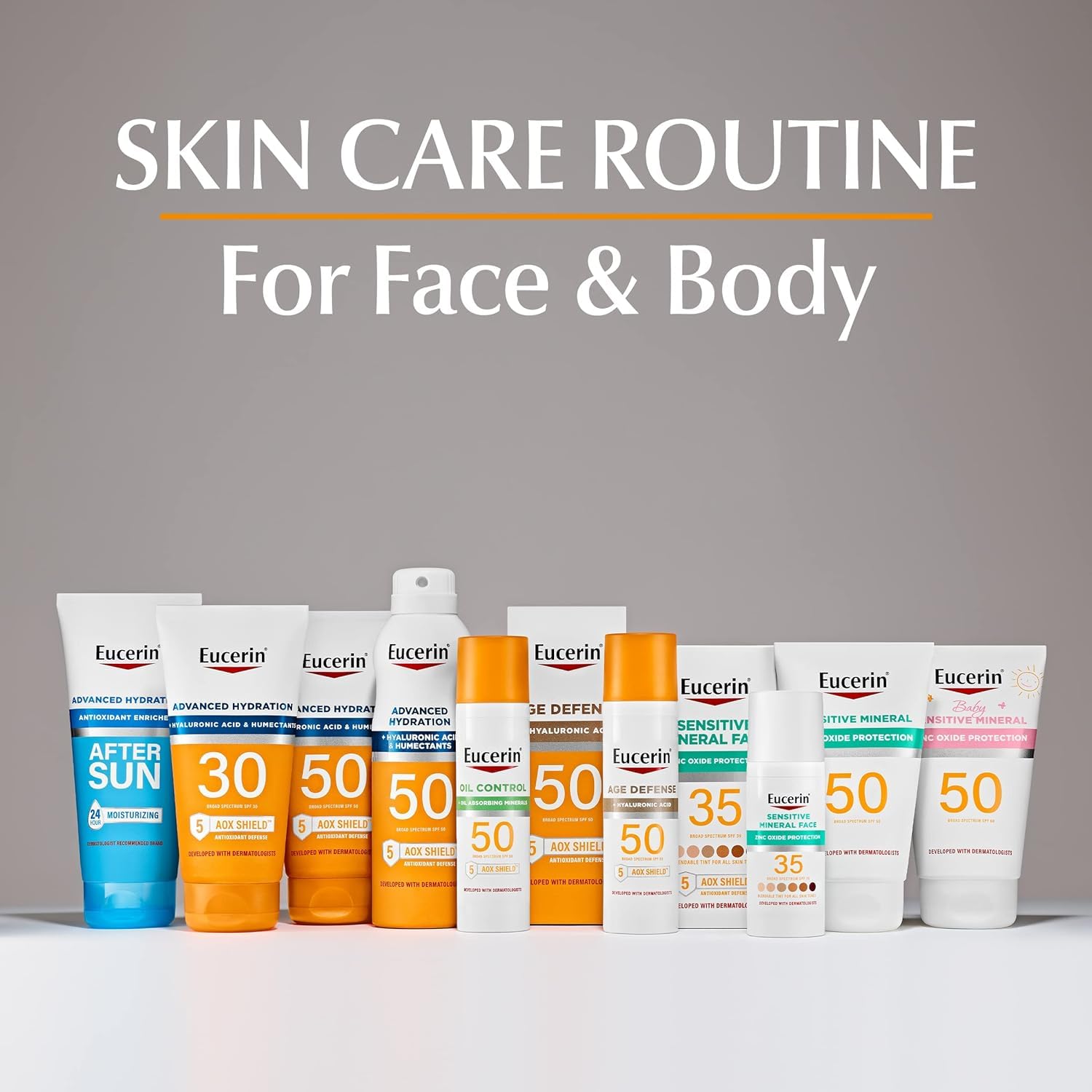 Eucerin Sun Age Defense SPF 50 face sunscreen lotion with orange bottle packaging