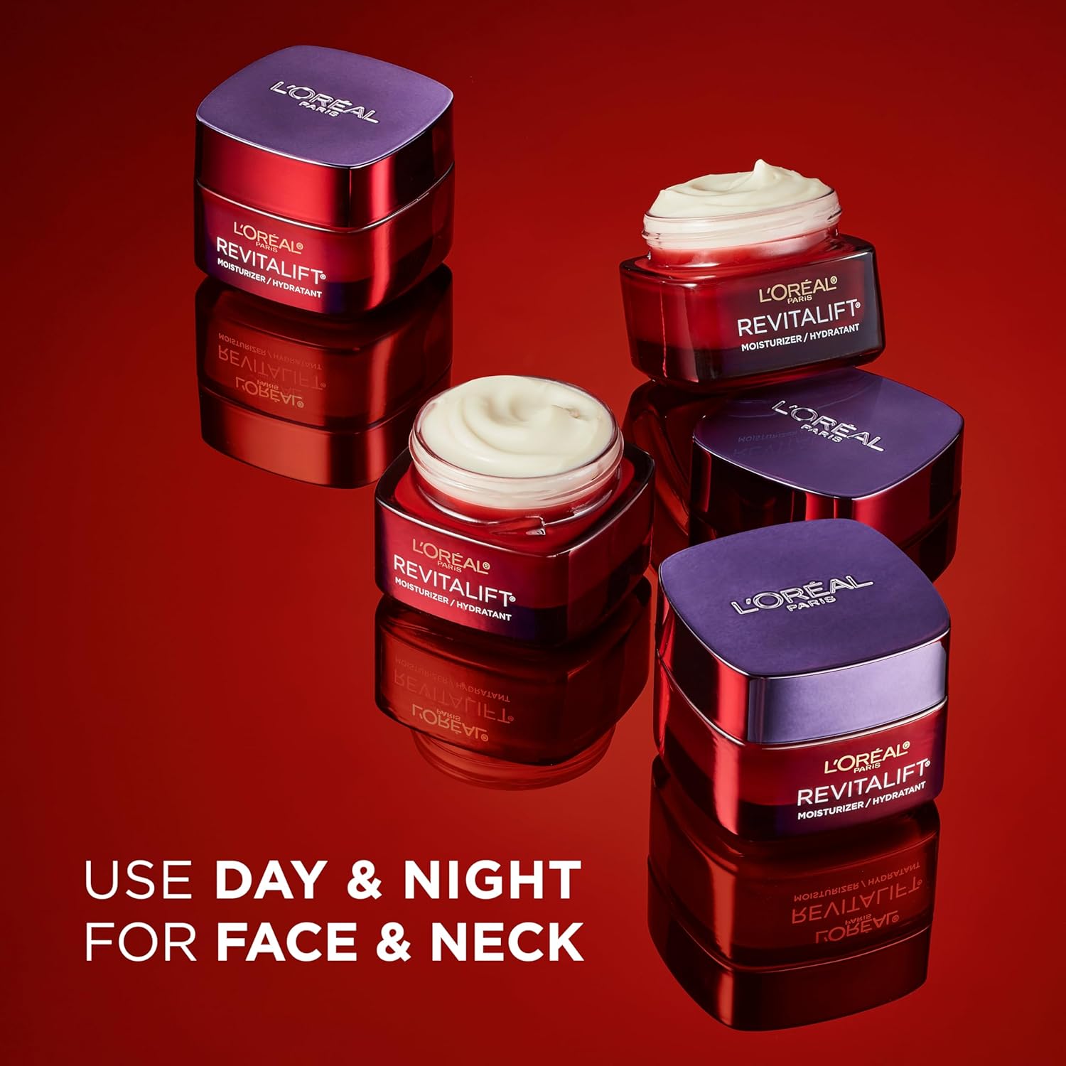 L'Oreal Paris Revitalift Triple Power anti-aging face moisturiser jars with purple lids