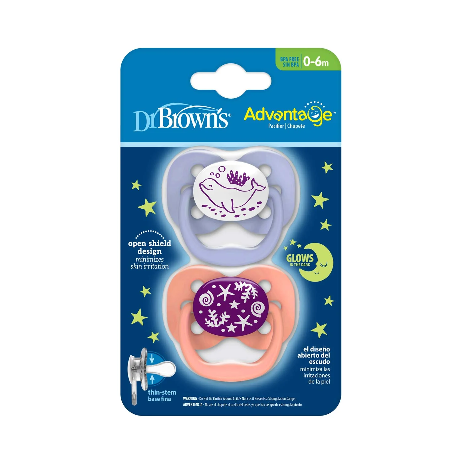 Dr Brown's Advantage glow in the dark soothers pink 0-6 months 2 pack