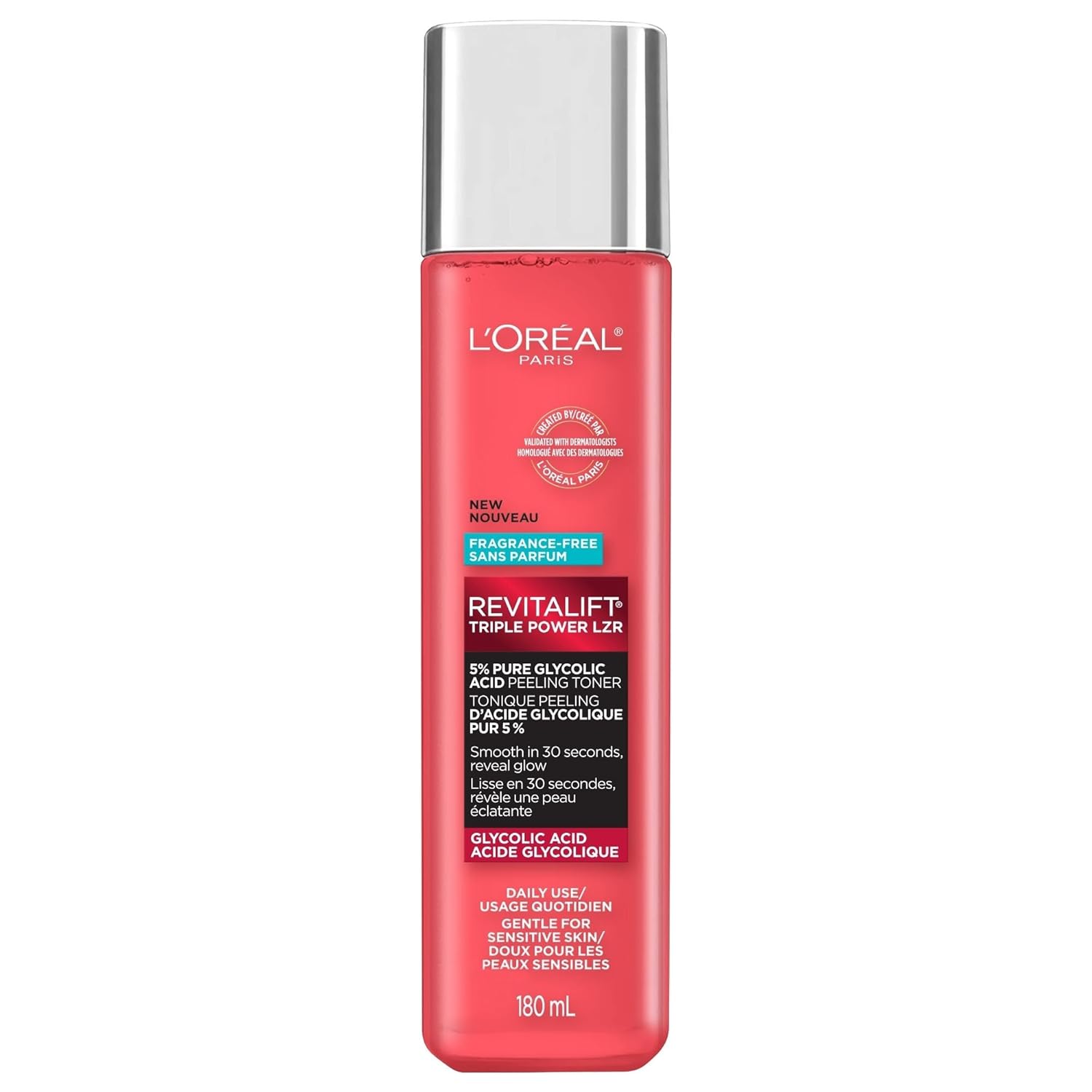 L'Oréal Paris Revitalift 5% pure glycolic acid peeling toner, 180ml, coral-red bottle
